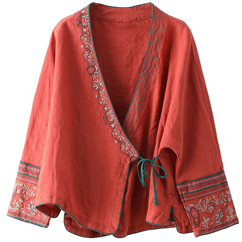 Women Chinese Style Embroidery Cardigan Shirts Casual Linen Lace Up Vintage