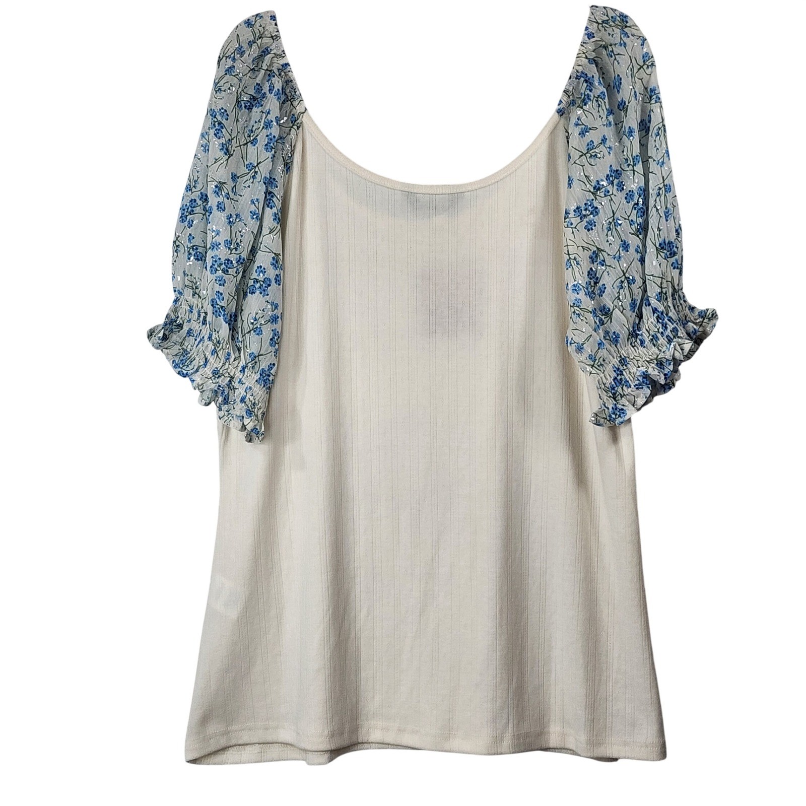 Bloomchic Floral Puff Sleeve Top Size 12 Cream Blue Cottagecore Ribbed Knit Tee
