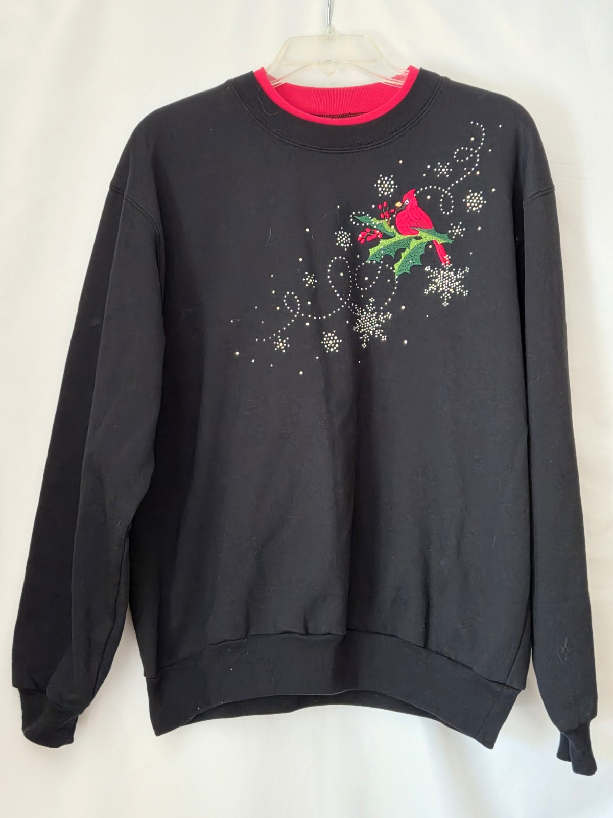 Decorated Originals Black Sweatshirt Crewneck w/ Cardinal Birds Christmas Large