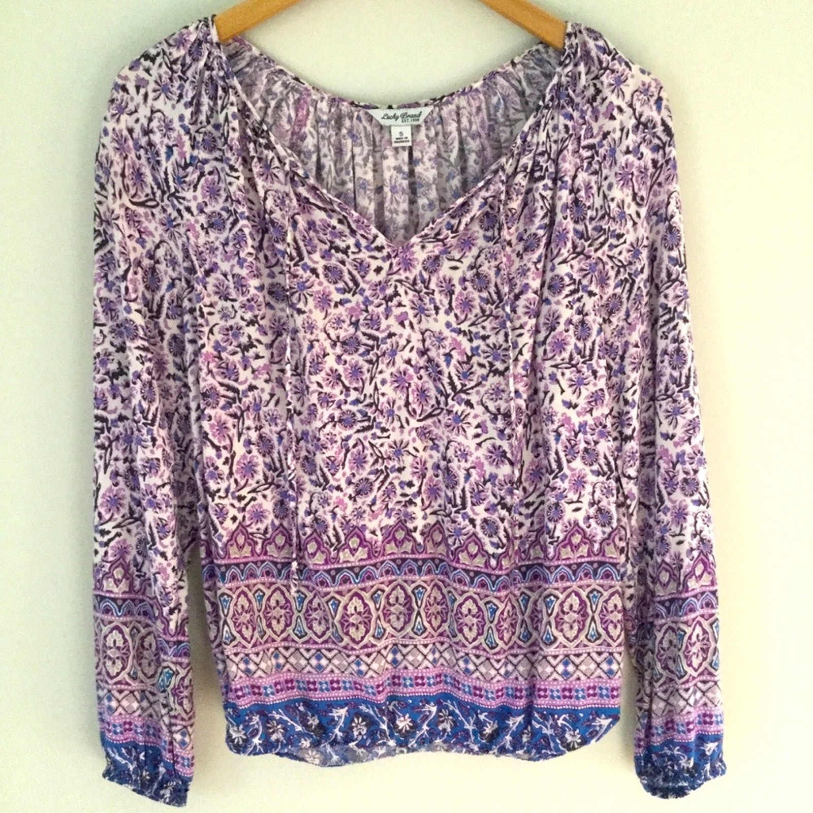 Lucky Brand Long Sleeve Floral Boho Peasant Festival Top Purple Blue Gray Small
