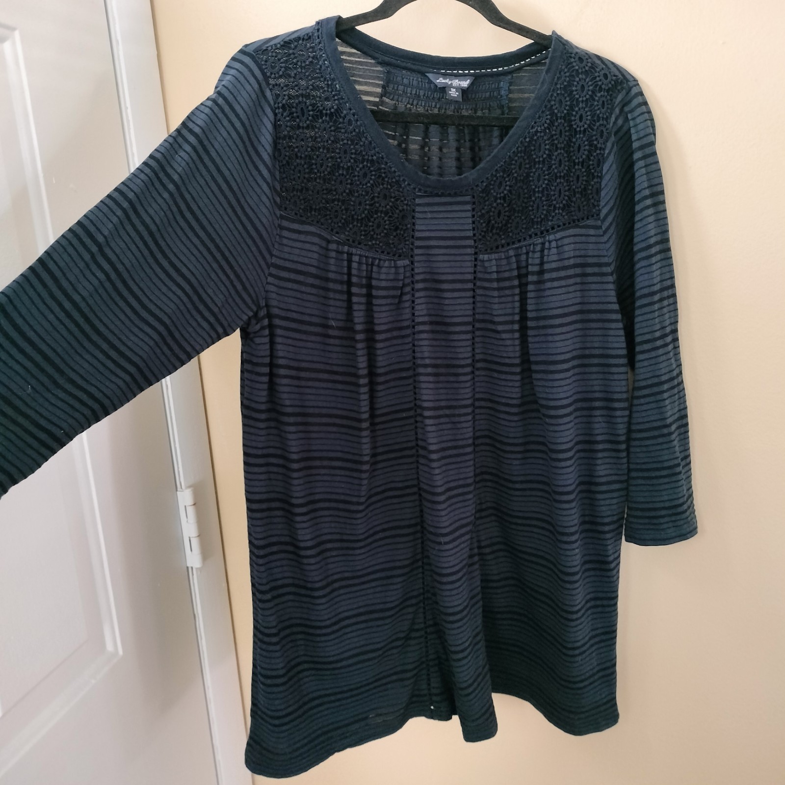 Lucky Brand 1X Cotton Blend Blue Stripe Embroidery Shirt Top Bohemian Western