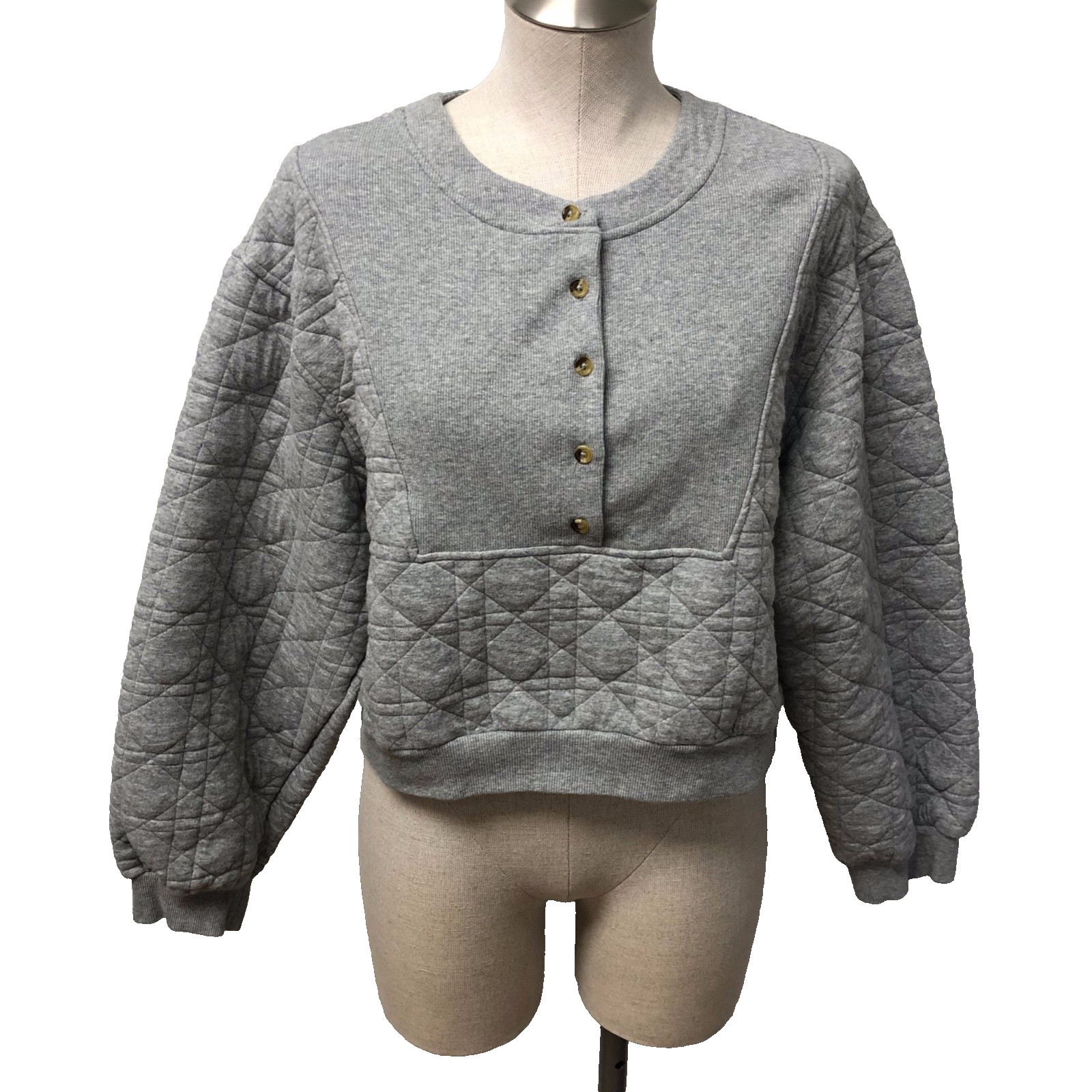 Anthropologie Quilted Button Front Top Womens Medium Gray Long Sleeve Cropped
