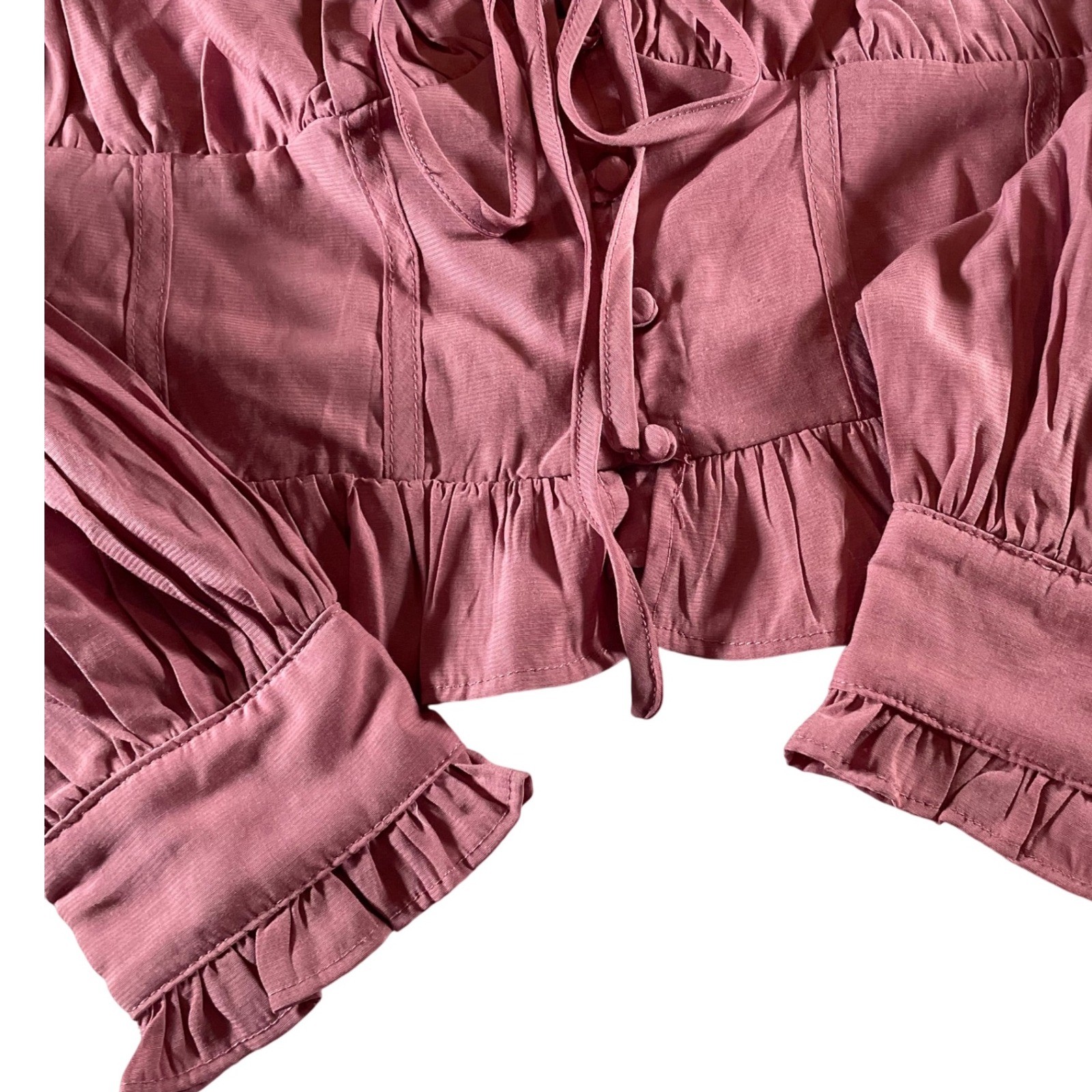 HYFVE Mauve Pink Ruched Bust Tie Front Ruffle Crop Top Long Sleeve Size L