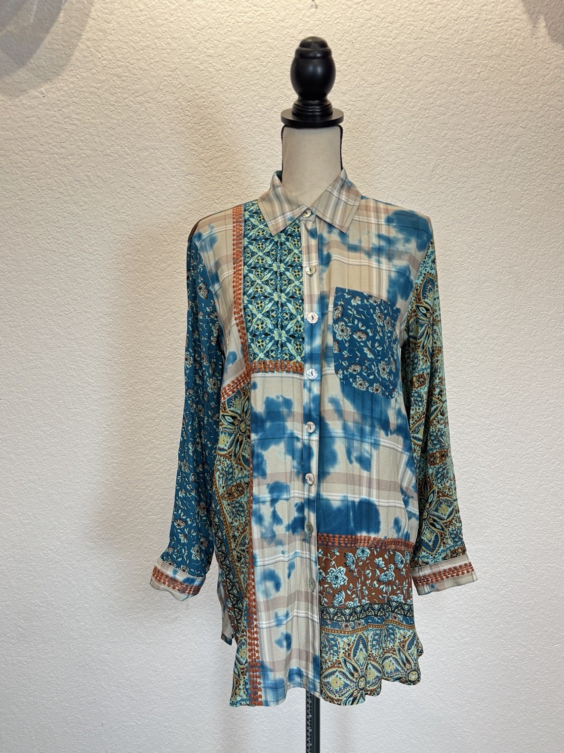 John Mark Size S Tunic Floral Multicolor Roll-Tab Sleeve Plaid NWT $129