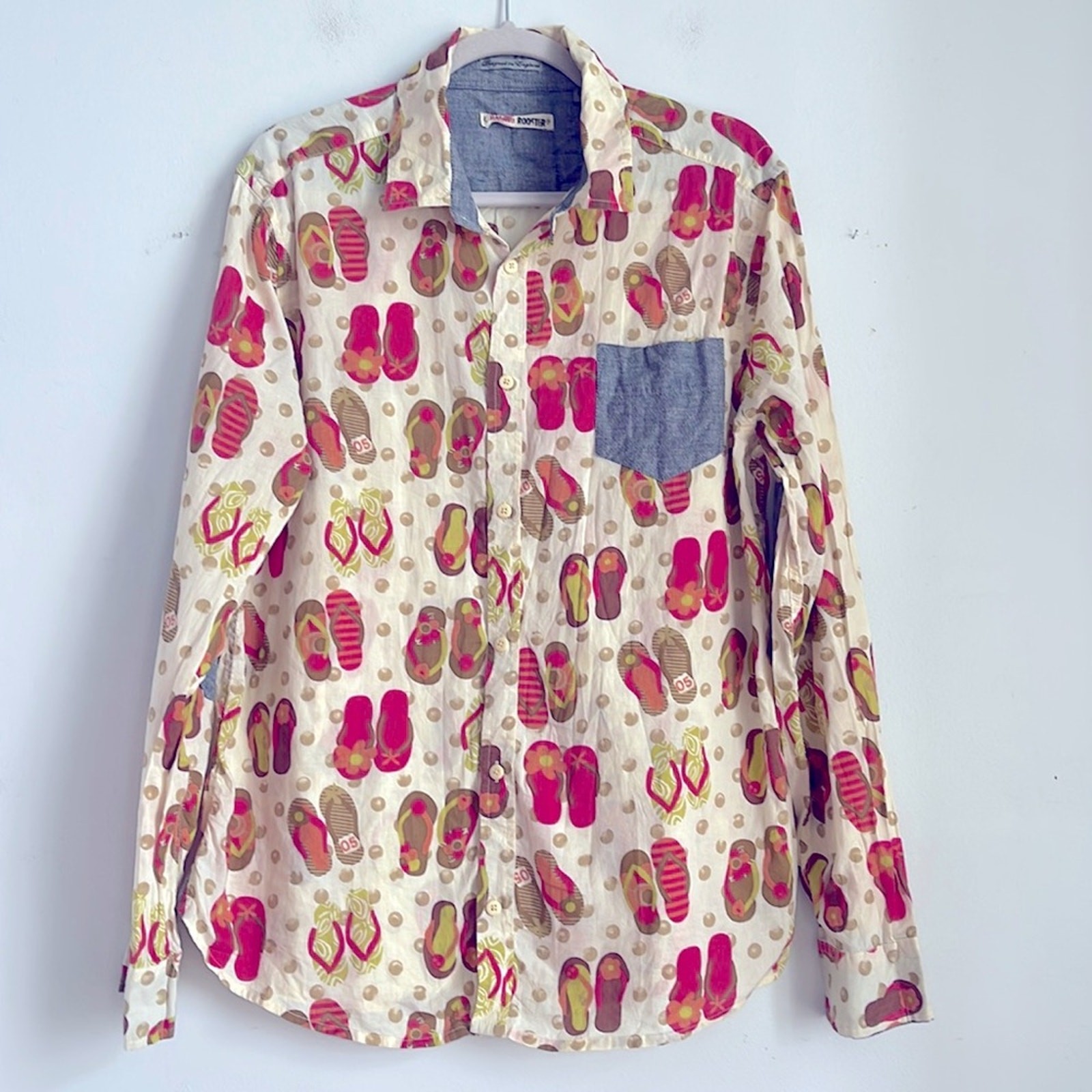 Raging Rooster flip flop sandal print long sleeve button down elbow patch shirt