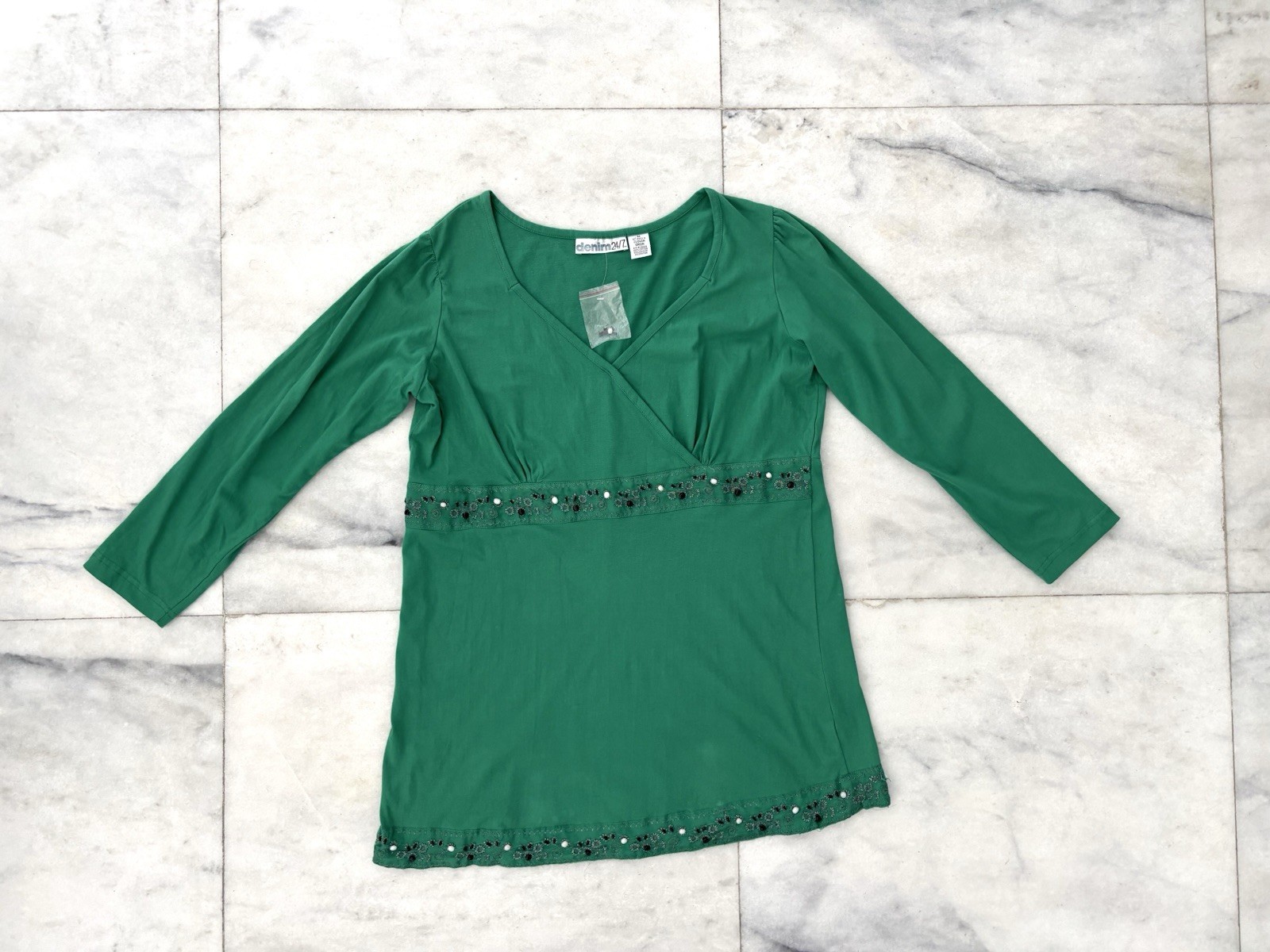 Y2K Denim 24/7 Tunic Top Green Beaded Cotton Surplice Oversized M Boho Casual