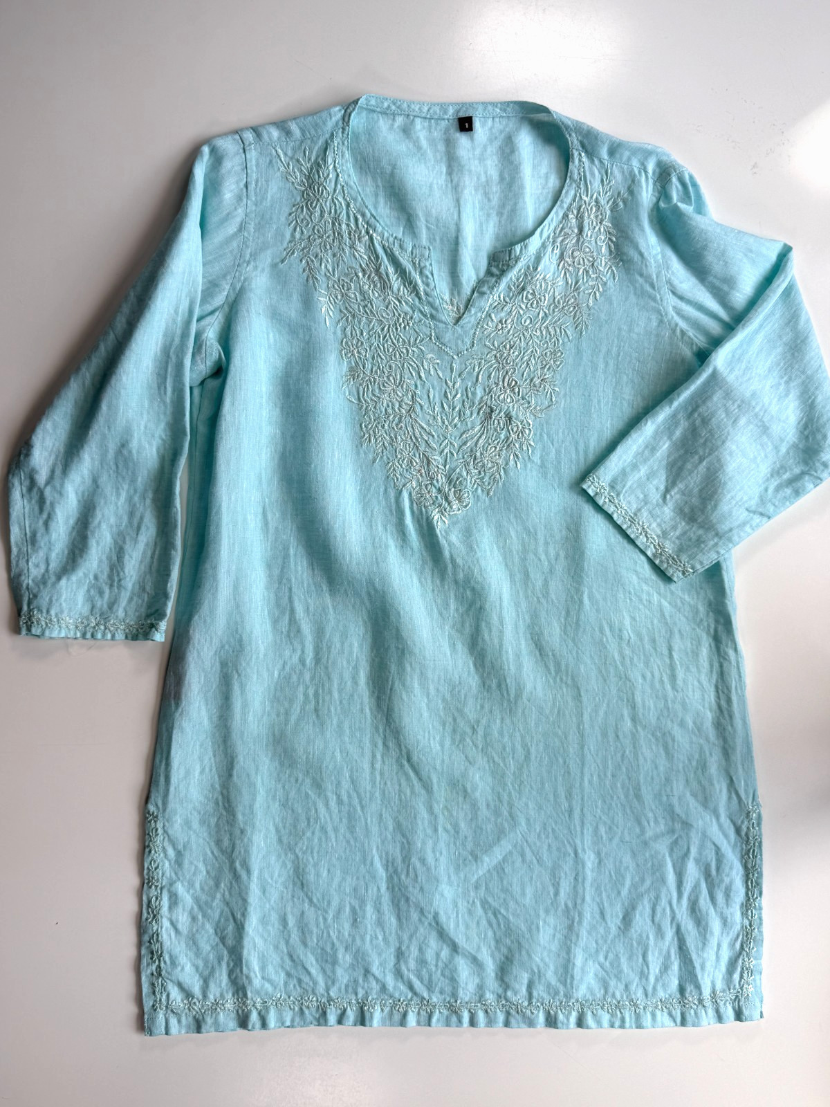 Maharajas Embroidered Pure Linen Tunic Top Womens 1/Small Blue Bohemian Mumbai