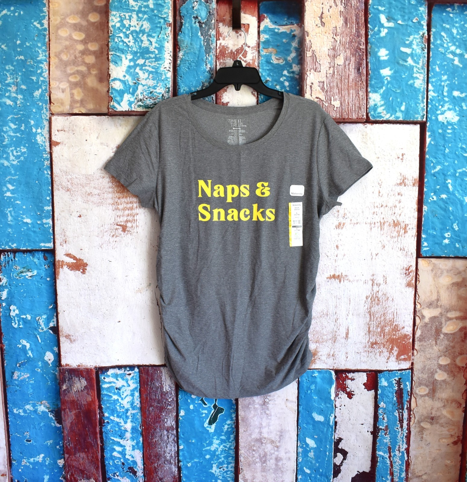Women’s Time and Tru ‘Naps & Snacks’ Maternity Top Graphic Tee L (12-14) Gray