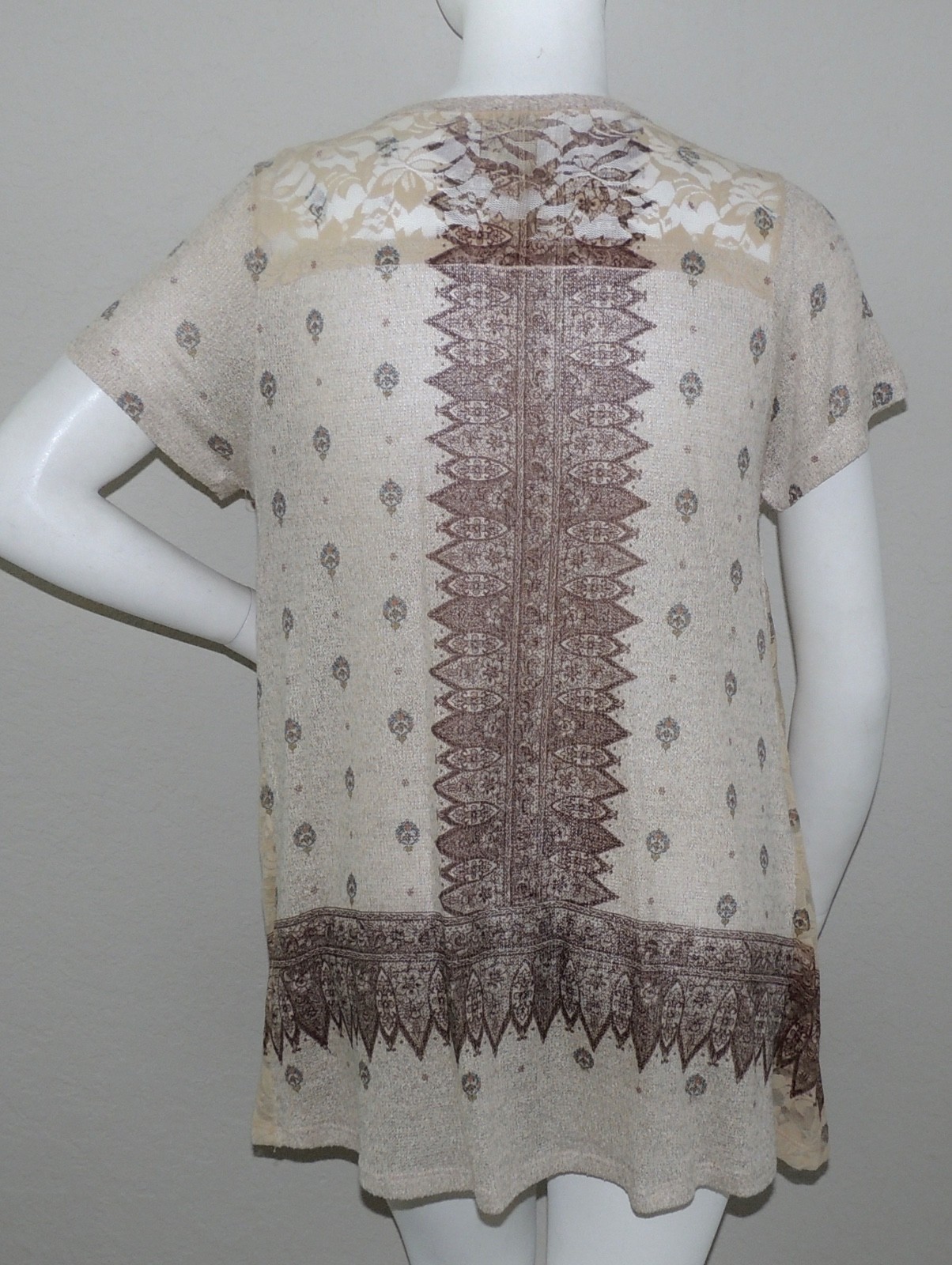 Vocal Lace Inset Tribal Short Sleeve Tunic Top w/ Stones Beige Plus 1XL 2XL 3XL