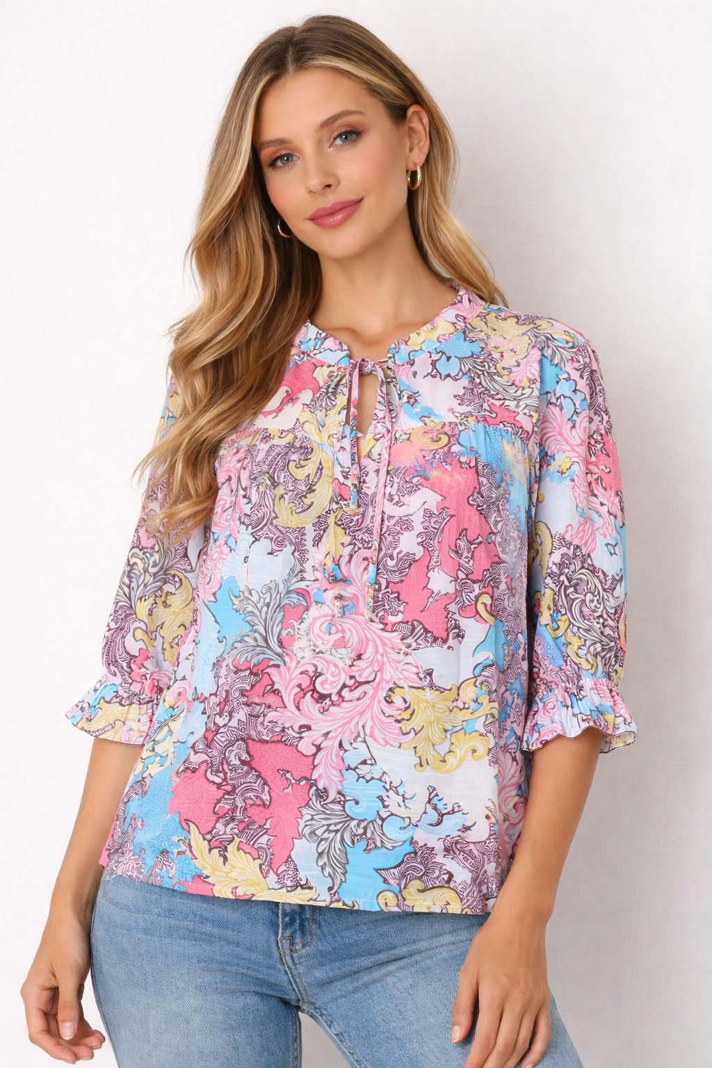 Counterparts Womens printed 3/4 elastic sleeve notch neck front tie collar Blous