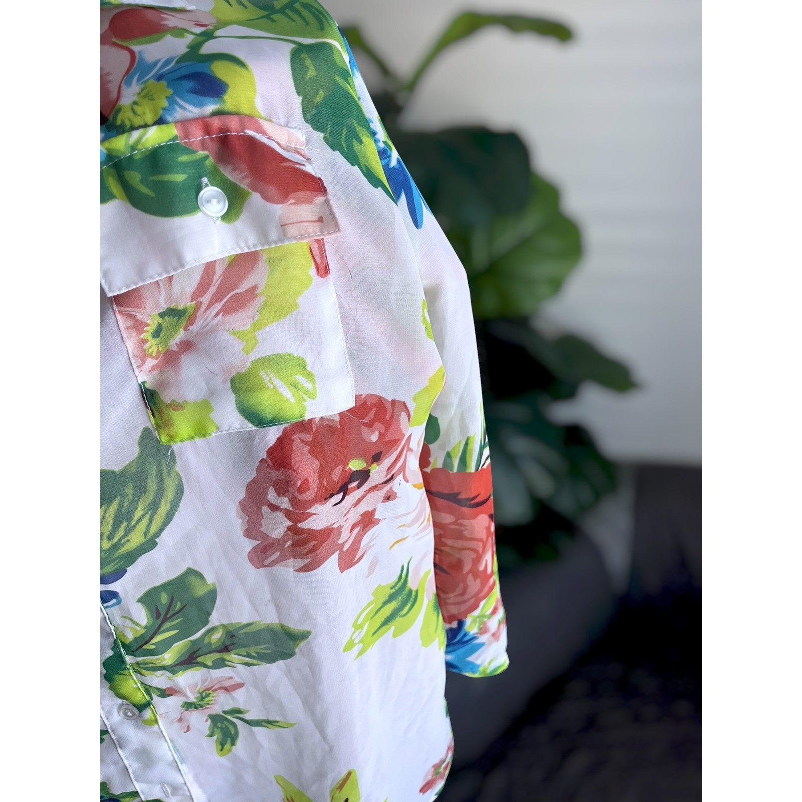 Ambiance Apparel Large Floral Button-Down Sheer Blouse