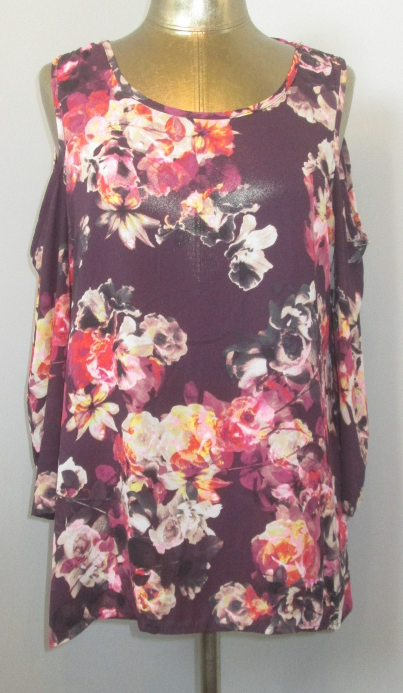 Cupio Purple Floral Top Womens Size L Chest 42 Cold Shoulder Sleeve 308-34899