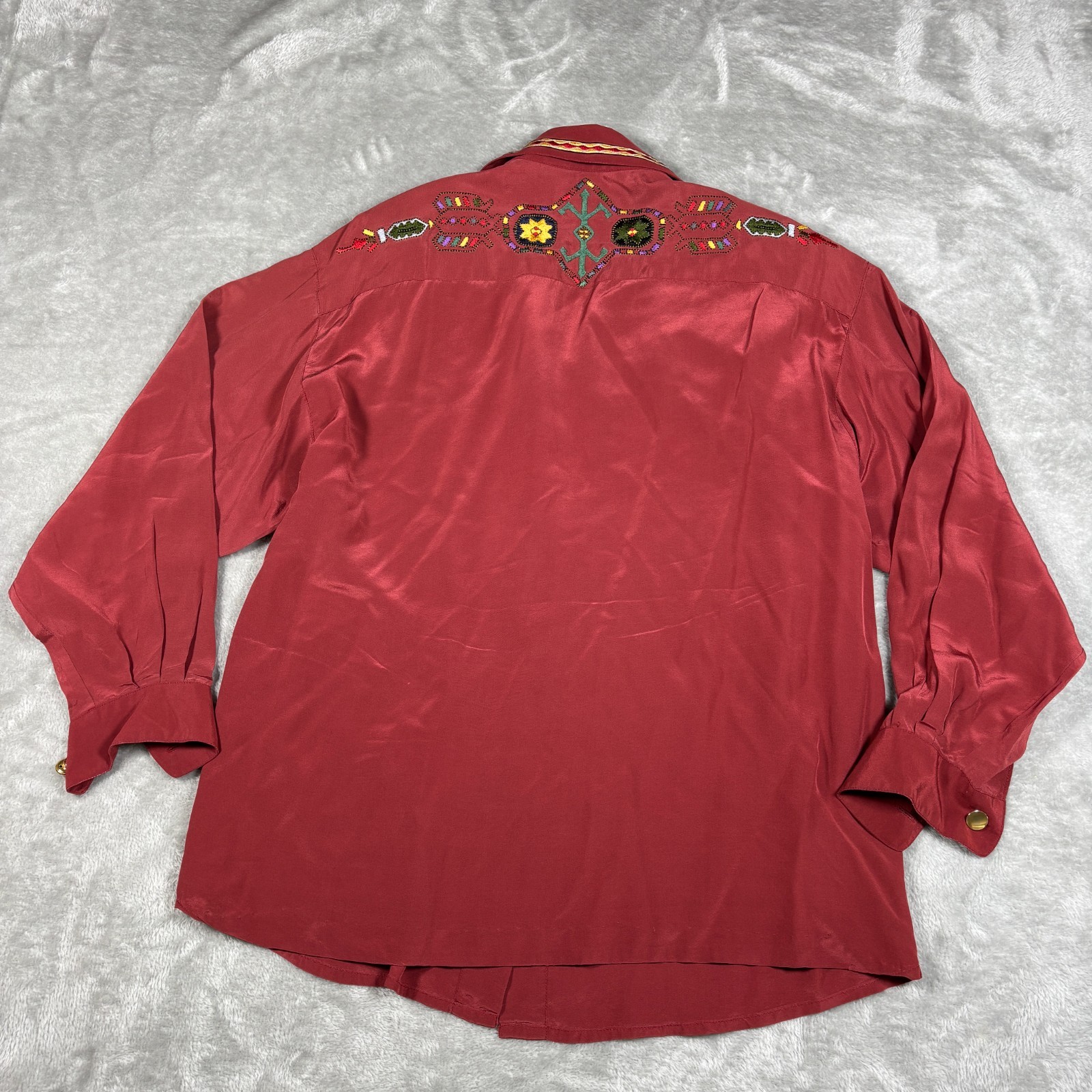 Vintage Western Shirt Womens 8 Red Silk Embroidered Boho Southwest Cowgirl 80s