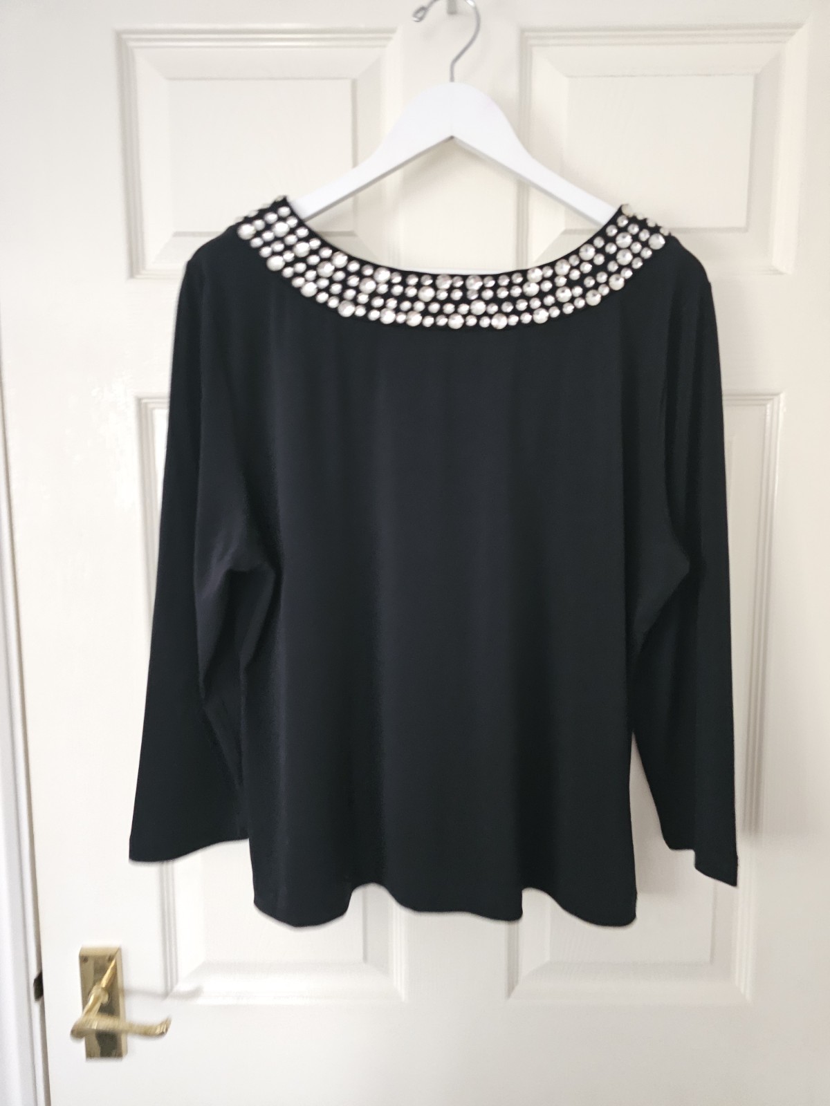 Jacques Vert Embelished Top Size Large Black Diamante Detail Stretch Fabric