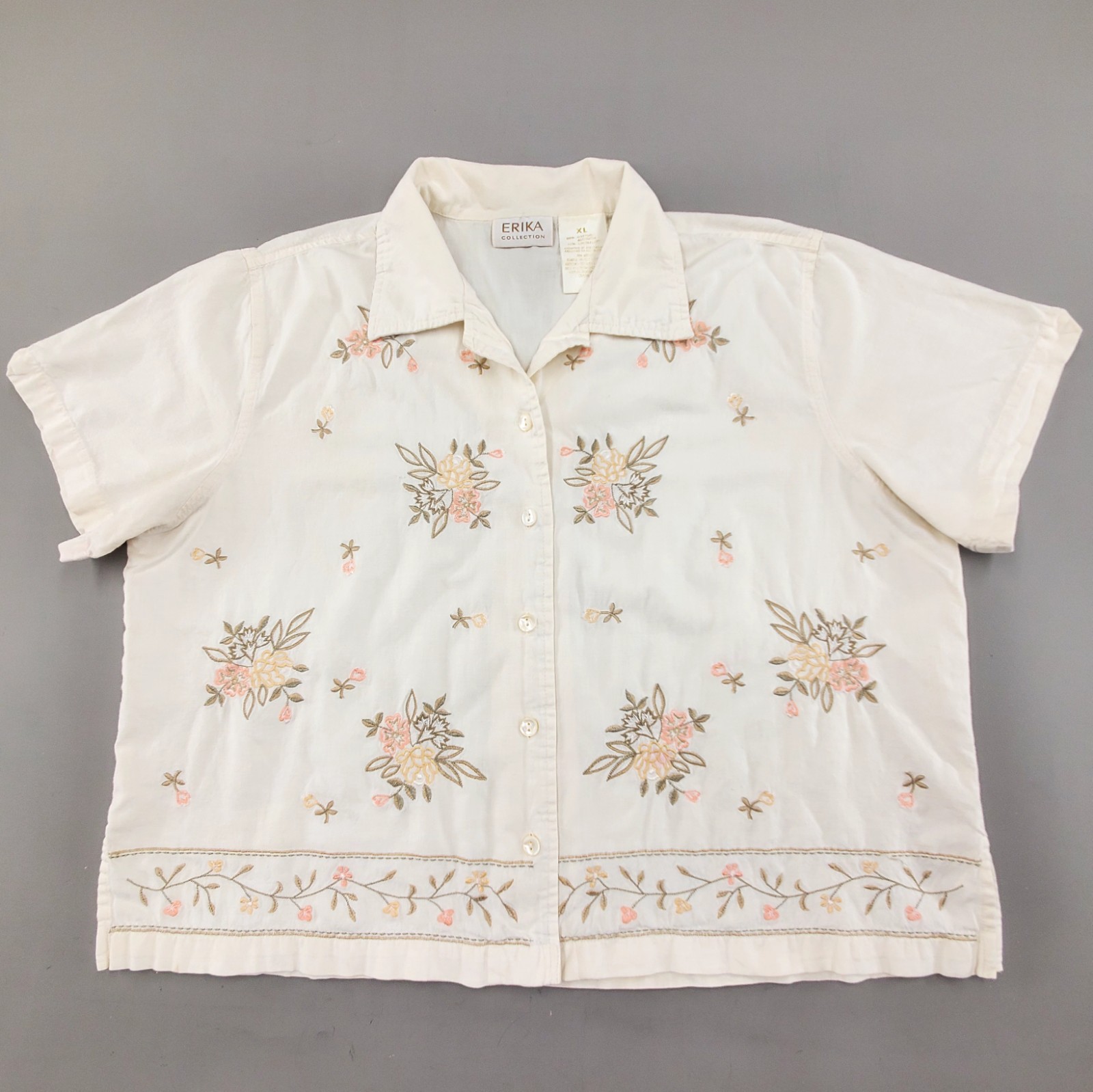 VTG 90s Erika Womens Linen Blend Top Large Coastal Beachy Embroidered Boxy Boho