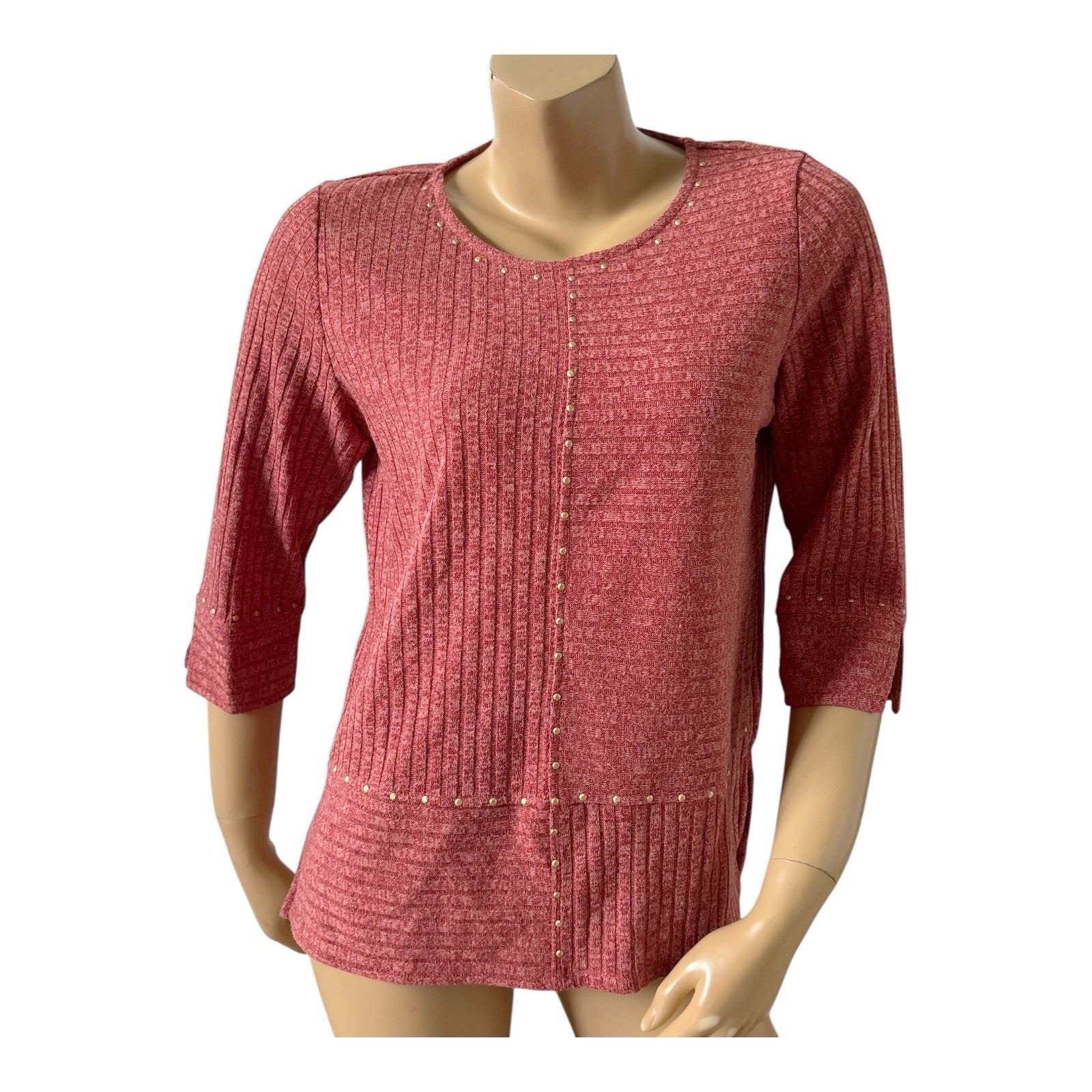 Alfred Dunner Top Womens Petite PM Brick Red Ribbed Studded 3/4 Sleeve Stretch