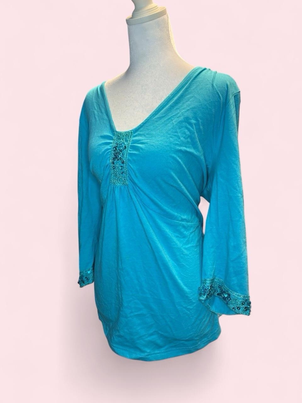 Blue V-Neck Tunic Top Beaded Sequin Stretch Plus Size 2X