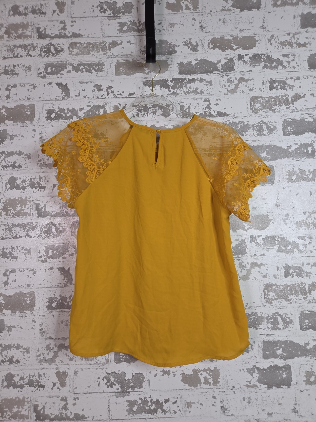 IRIS Yellow Lace Sheer Flutter Sleeve Round Neck Pullover Blouse S IT91222