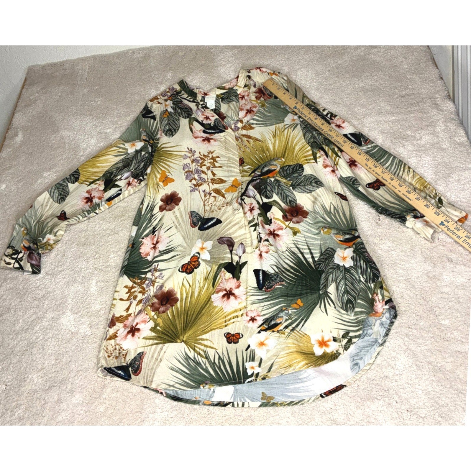 H&M Multicolor Tropical Floral Tunic – 2 – Viscose Butterfly Bird Boho Tropical