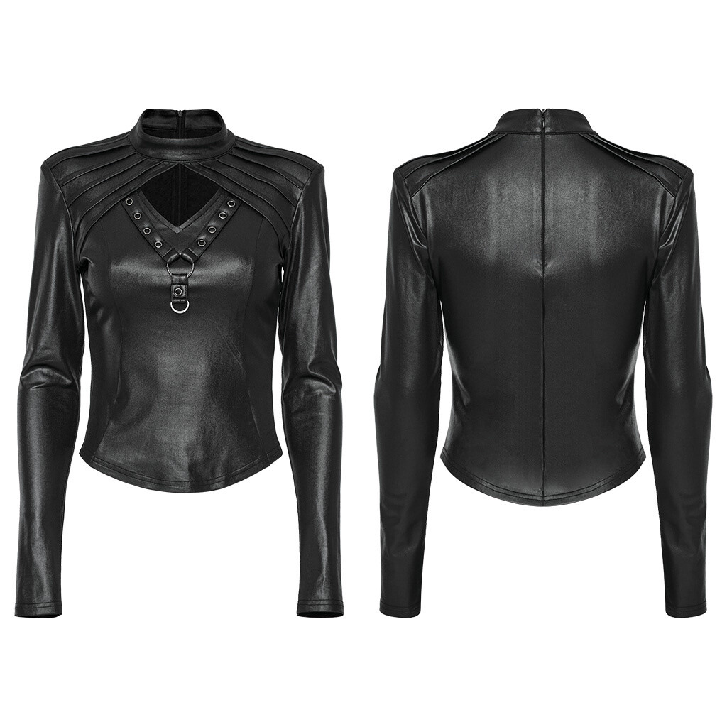 Punk Rave Women Casual Black Stand Collar T-Shirt Slim Fit Long Sleeve Tops