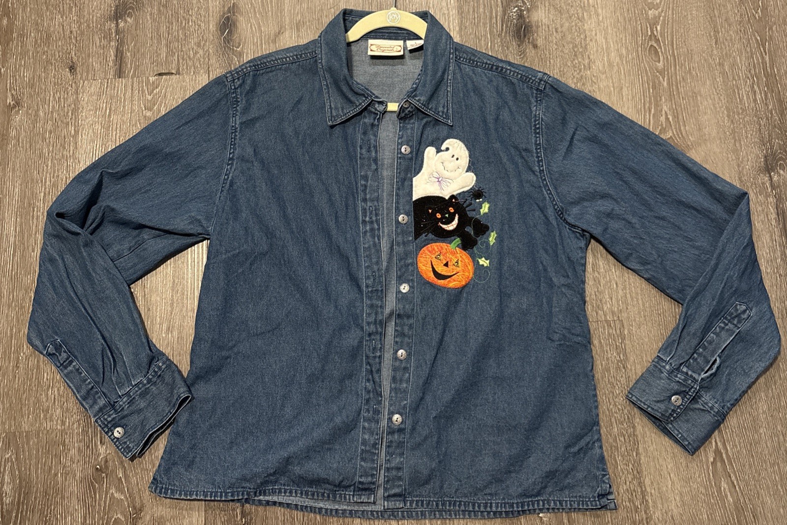Vintage Decorated Originals Shirt Womens L Blue Denim Button Up Halloween Cat