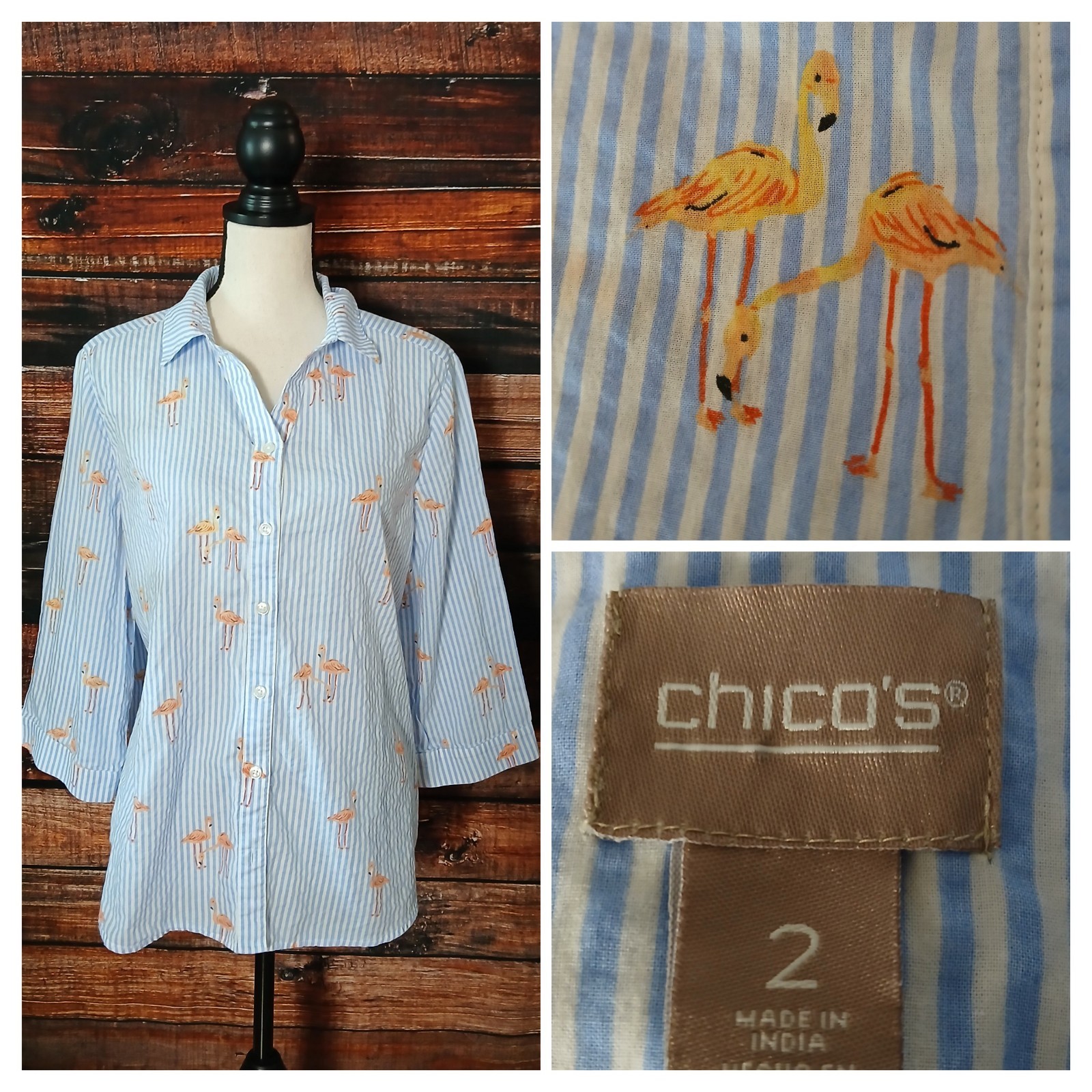 Chicos Blouse Size 2 Large Button Up 3/4 Sleeve Pink Flamingo Blue Stripe Cotton