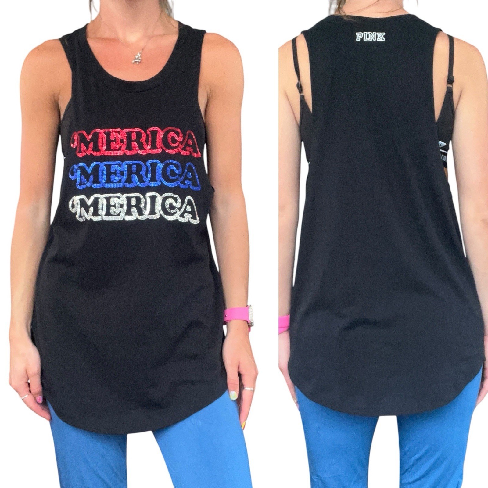 Pink Victoria’s Secret Womens S Black Red Silver Blue Sequins Merica Muscle Tank
