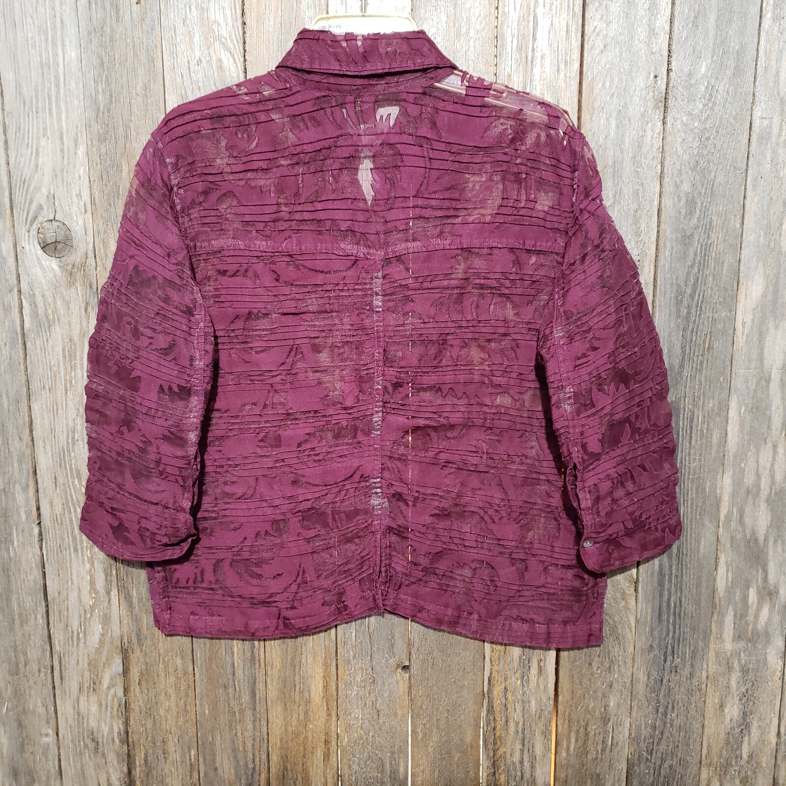 Mirasol Top Burgundy Sheer Button Burnout Office Indie Artsy Boho Chic Size M