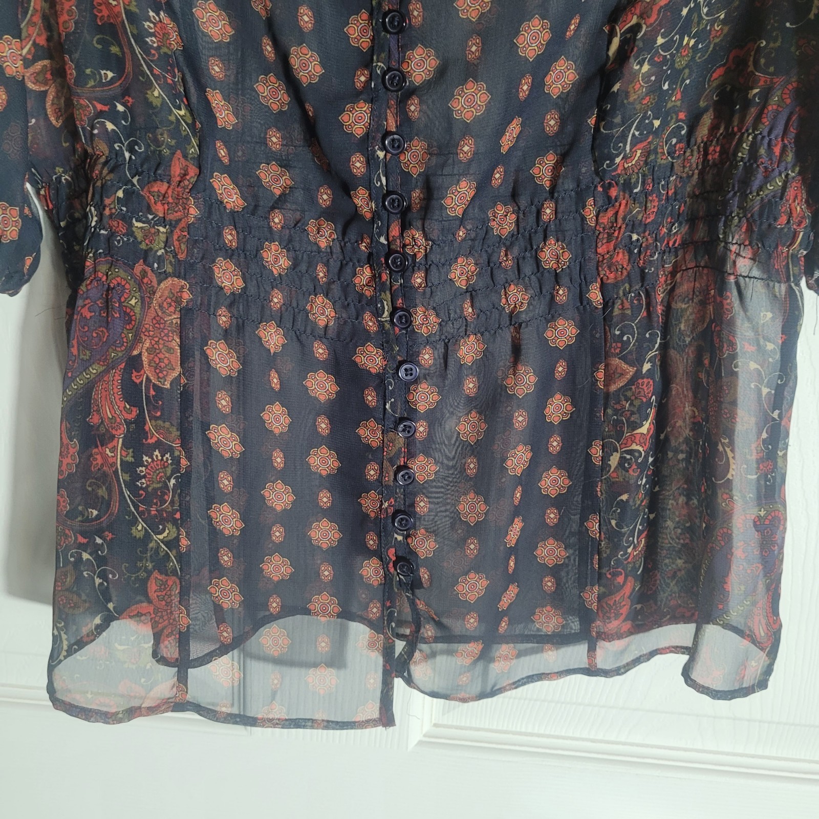 Motto Sheer Button Up Balloon Sleeve Smocked Waist Blouse Womens Small Black Y2K