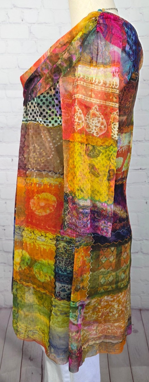 Elana Kattan Tunic Blouse Patchwork Mesh Cowl Neck Colorful Fun Art To Wear L