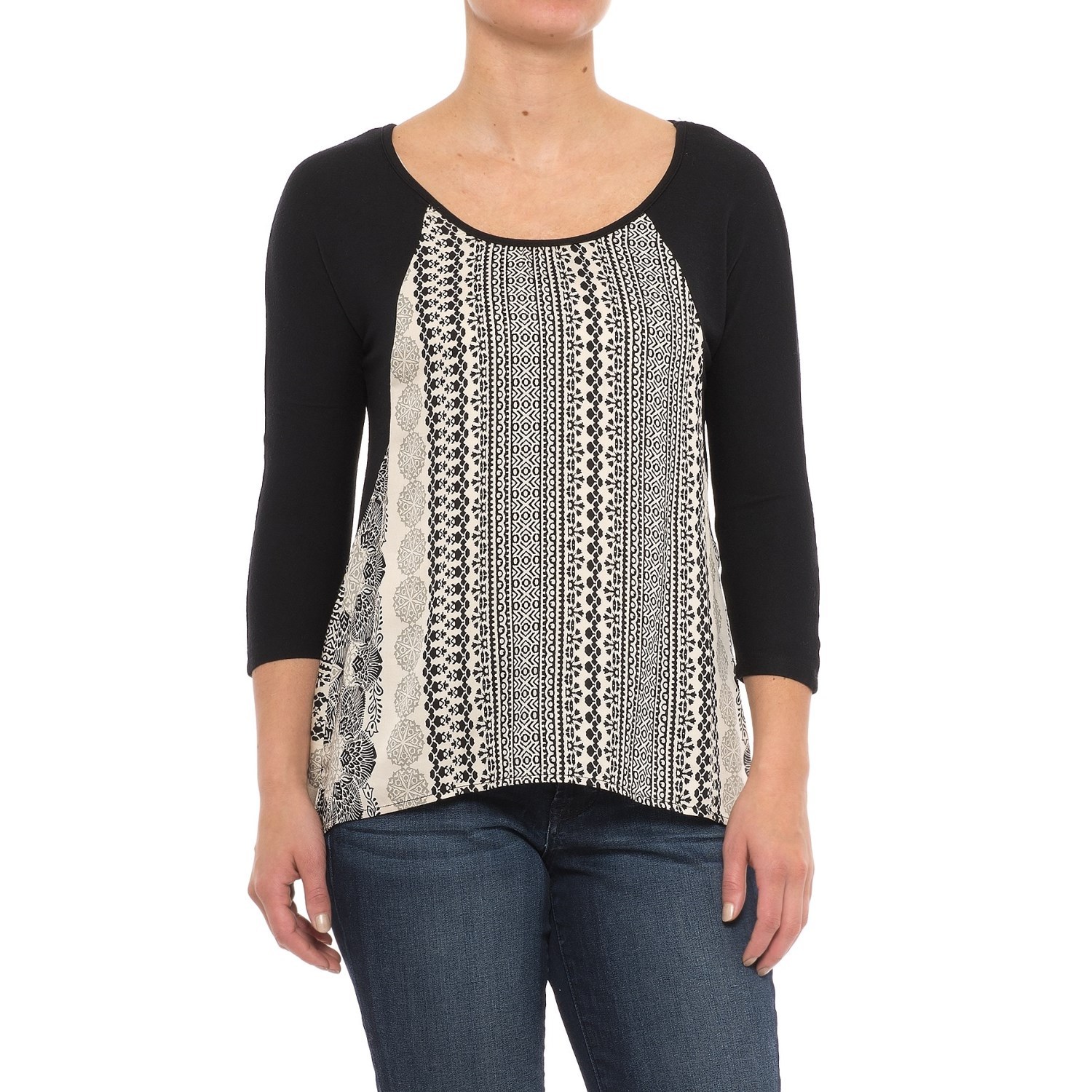 Apropos Womens size M Black/White Print 3/4 Sleeve Hi-Low Blouse Top NEW