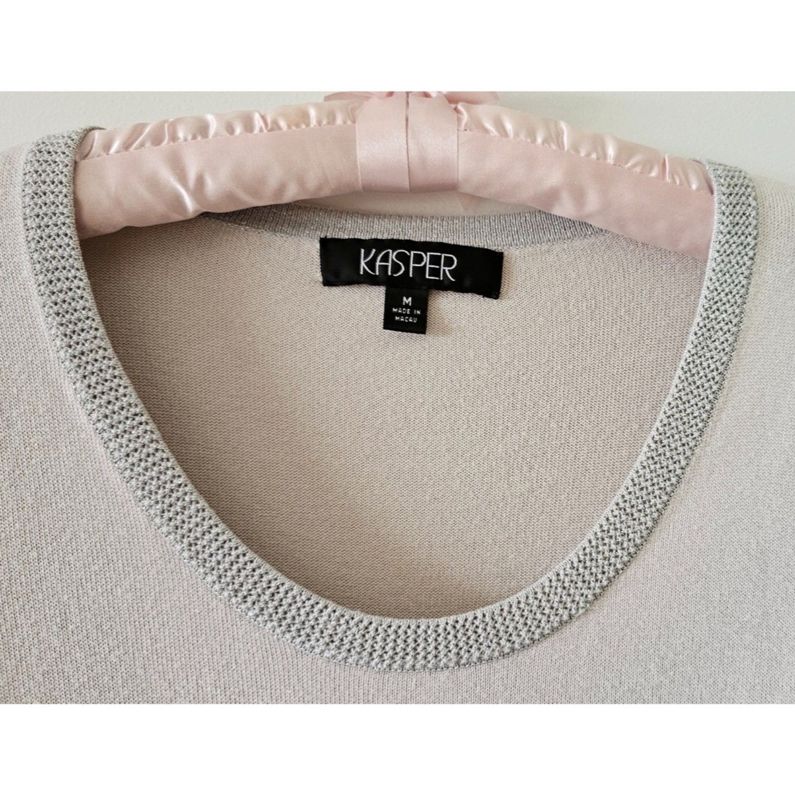 Kasper Gray Top Blouse Size M Long Sleeve Embellished Round Neck