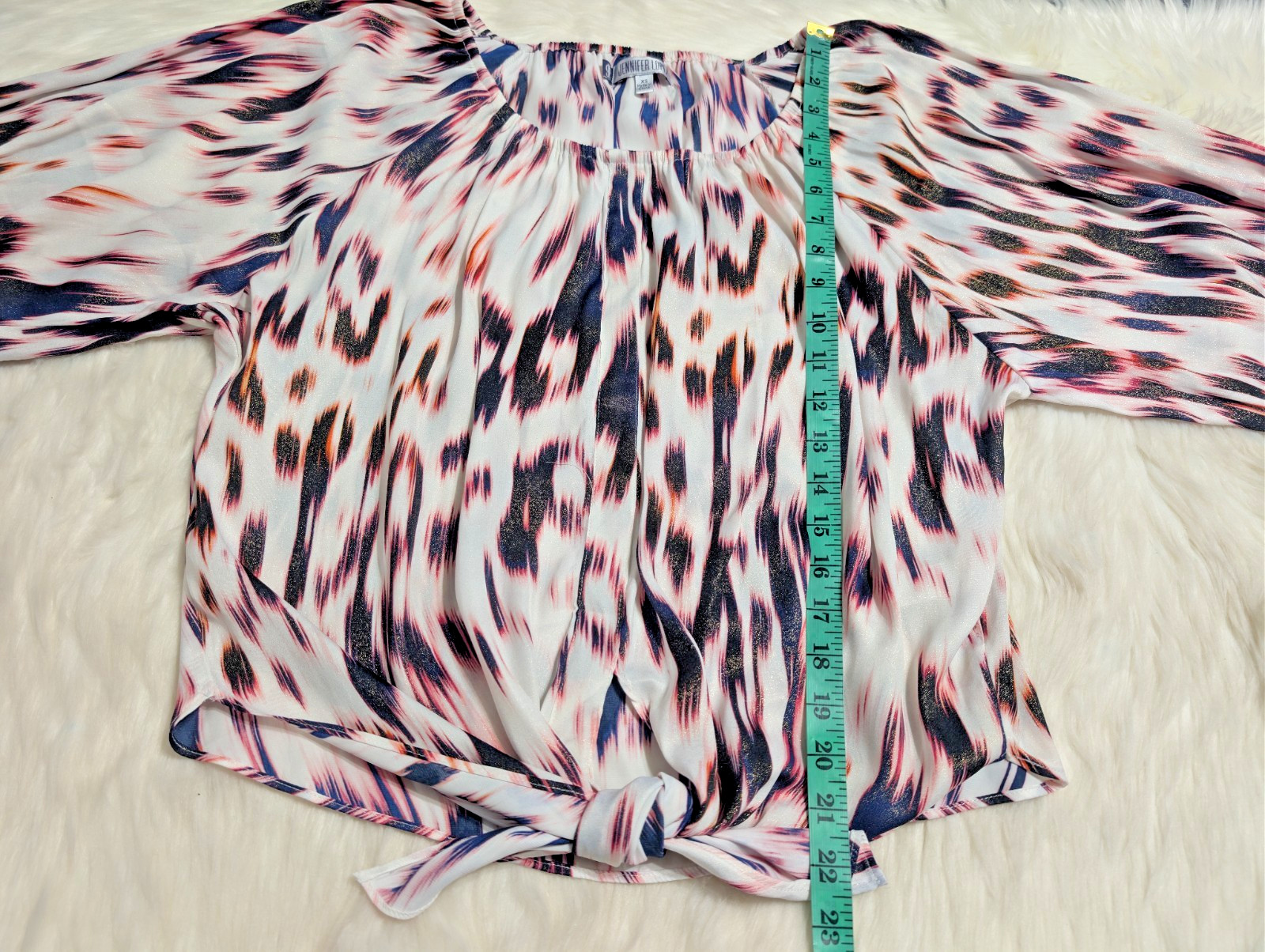 Jennifer Lopez Blouse Pink Black Blue Animal XS Front Tie Extra Small Shimmer