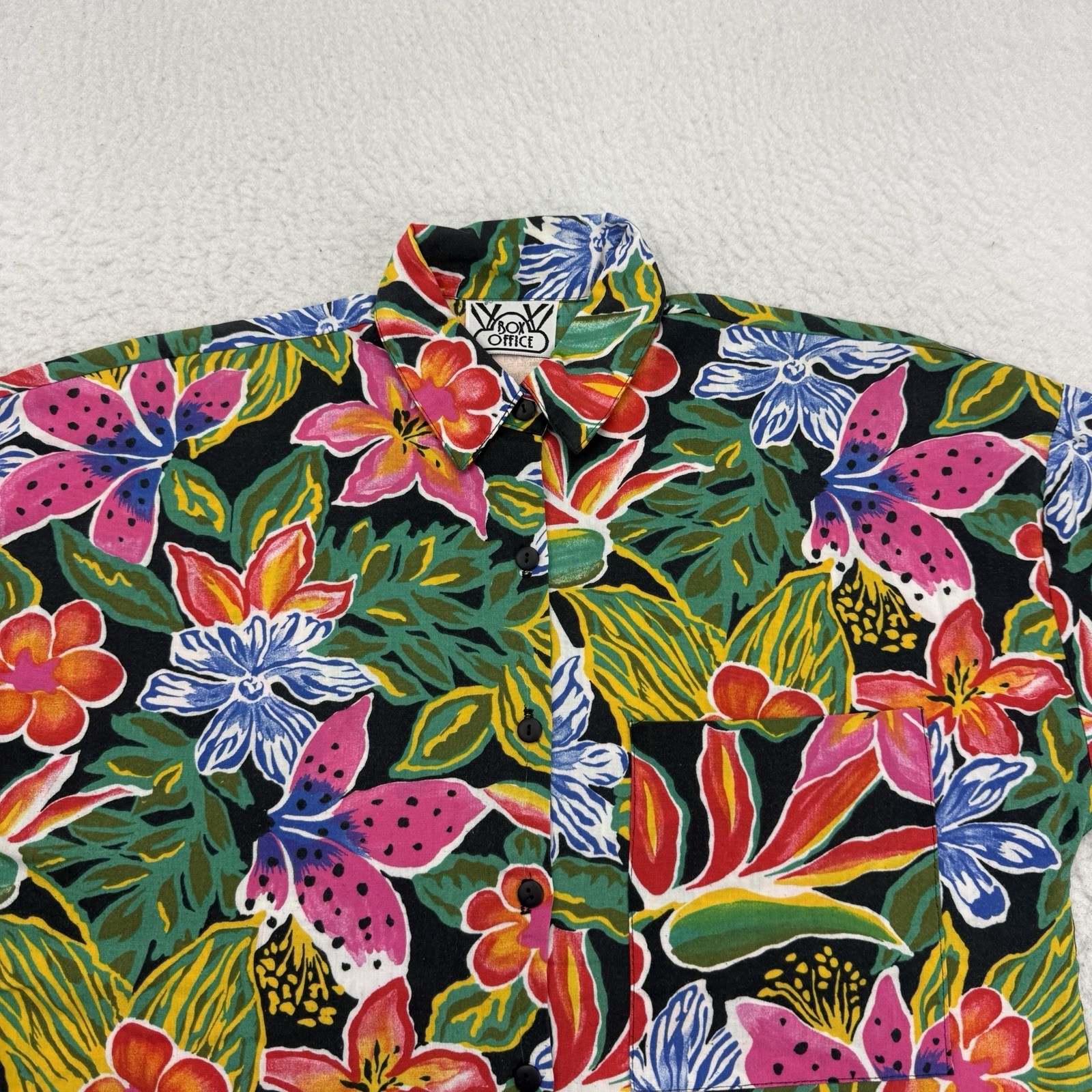 Vintage Aloha Hawaiian Shirt Womens Medium M Green Pink Floral Box Office
