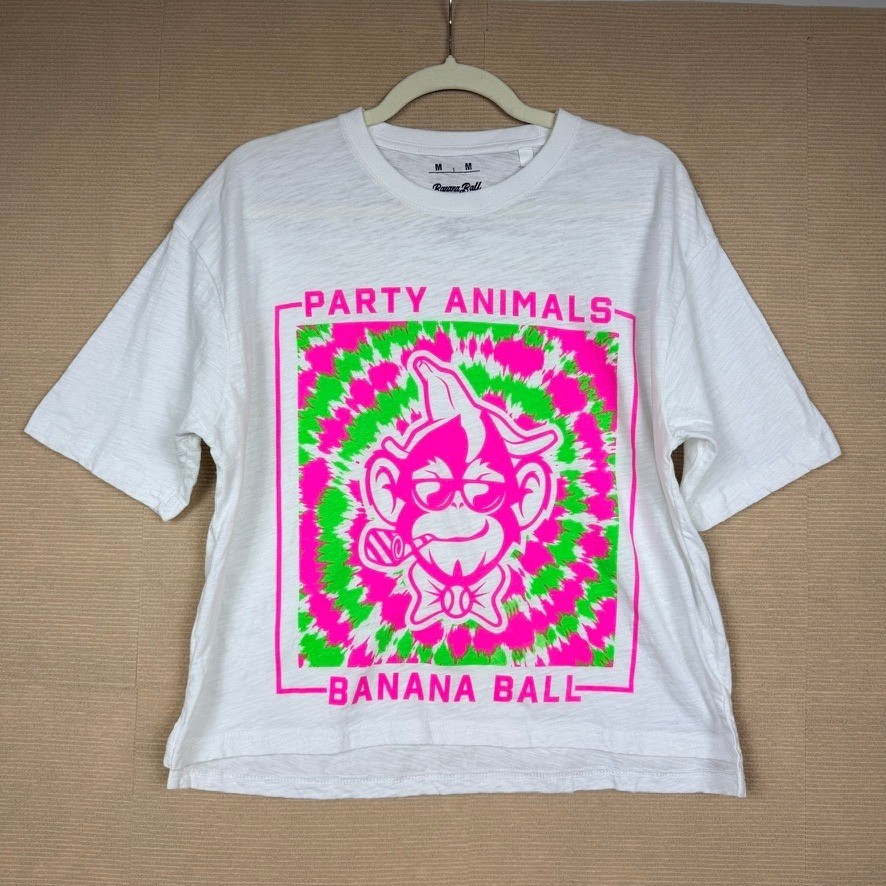 Party Animals Banana Ball by Pressbox Graphic T-Shirt White Neon Womens Medium
