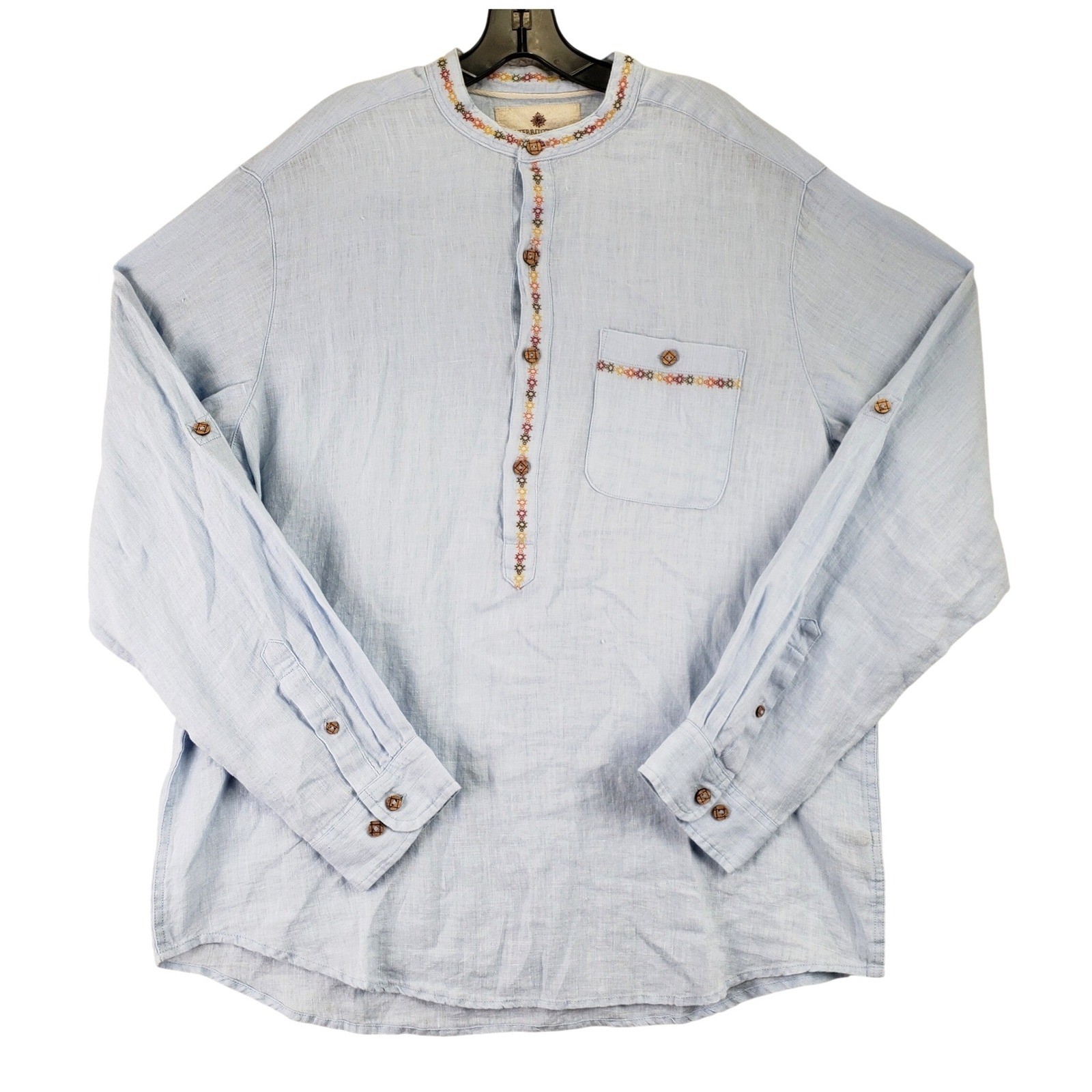 The Territory Ahead Linen Tunic Shirt Women L Blue Boho Coastal Embroidered