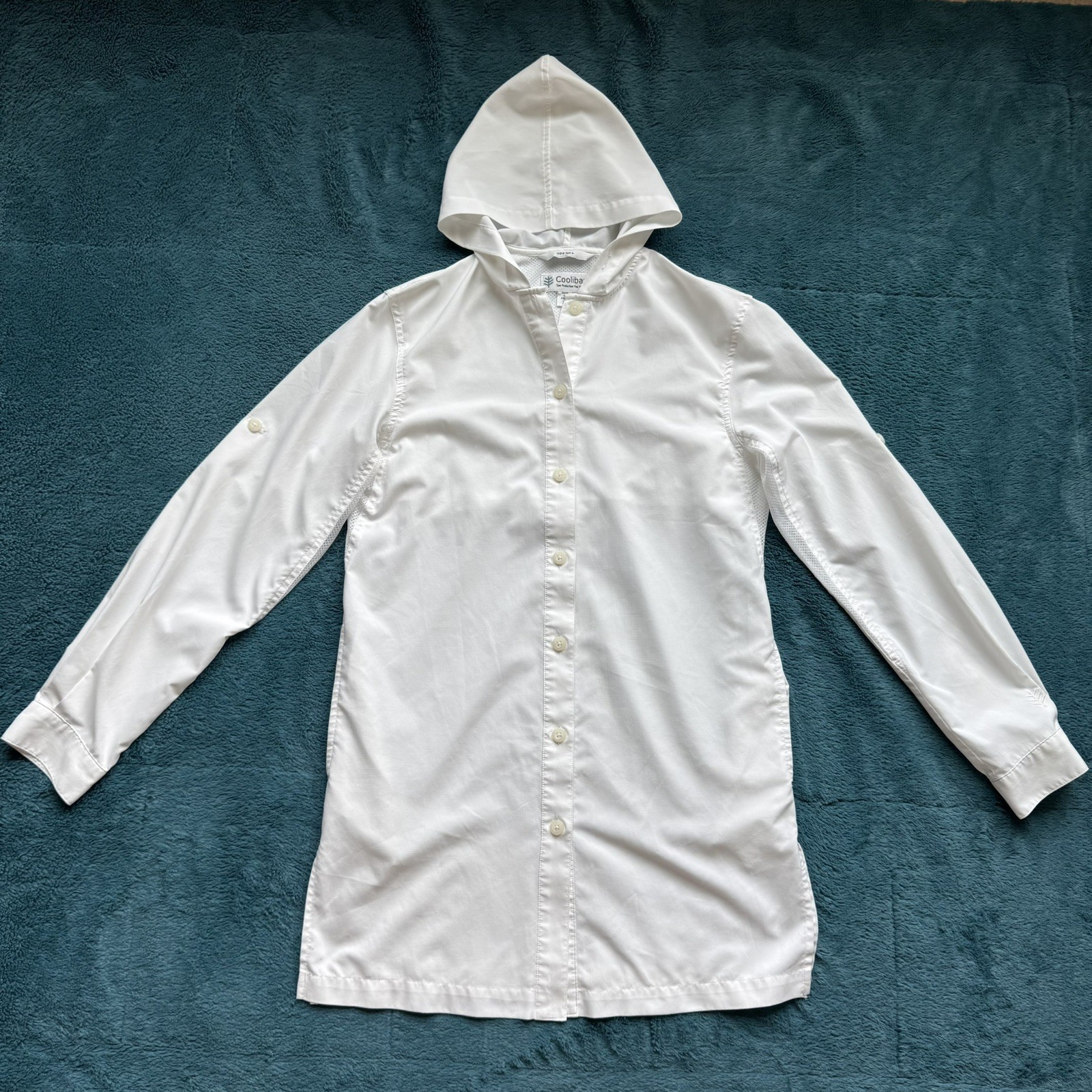 Coolibar Iztapa Coastal Sun Button Down Shirt XS UPF 50+ Beach Cover Up Hooded