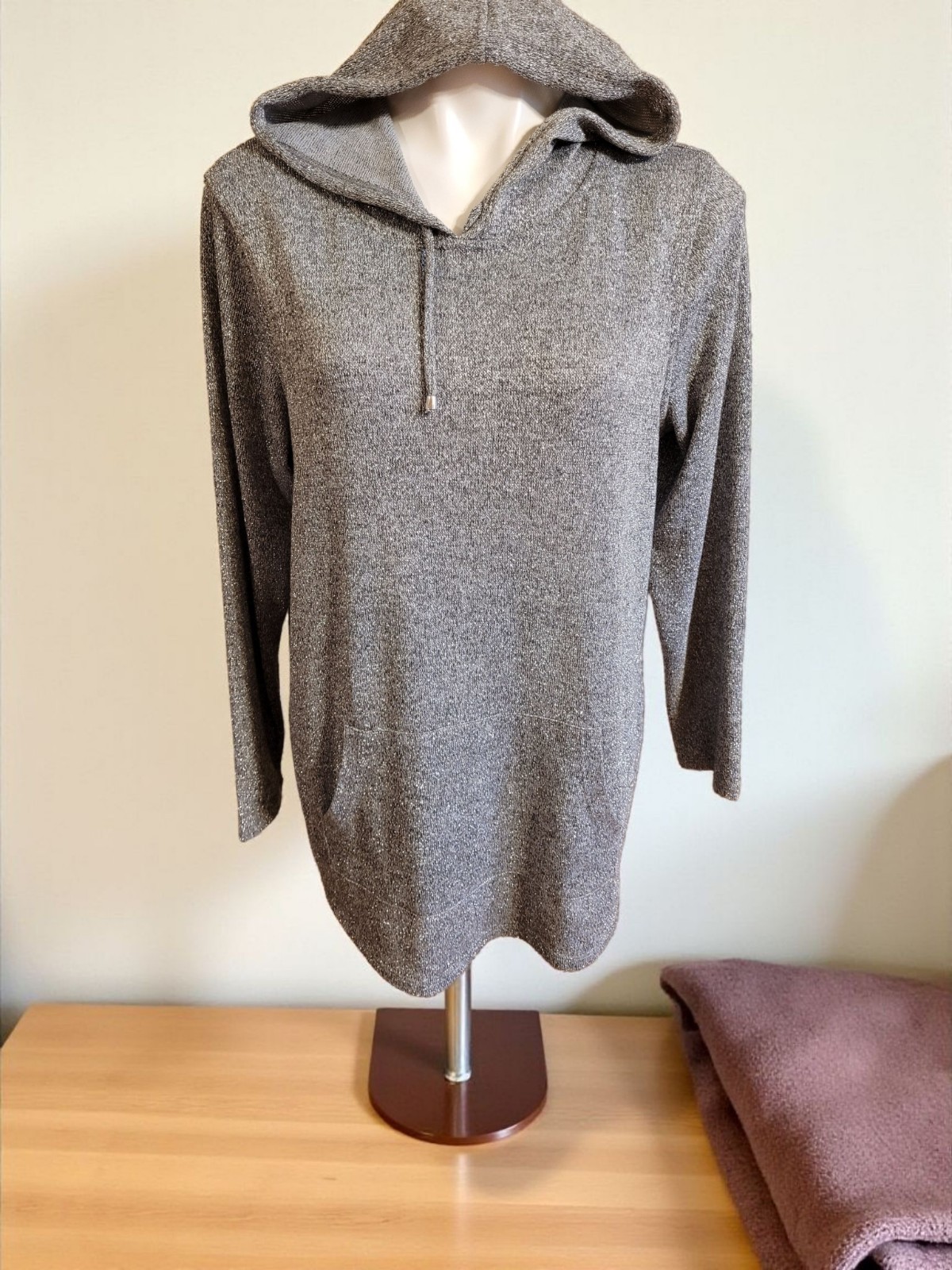 Christopher & Banks Silver Gray Metallic Hooded Shirt Top L