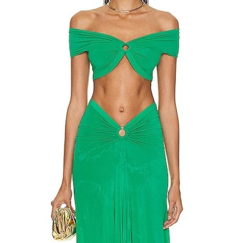 Paco Rabanne Green Ruched Off The Shoulder Crop Top in Emeraude