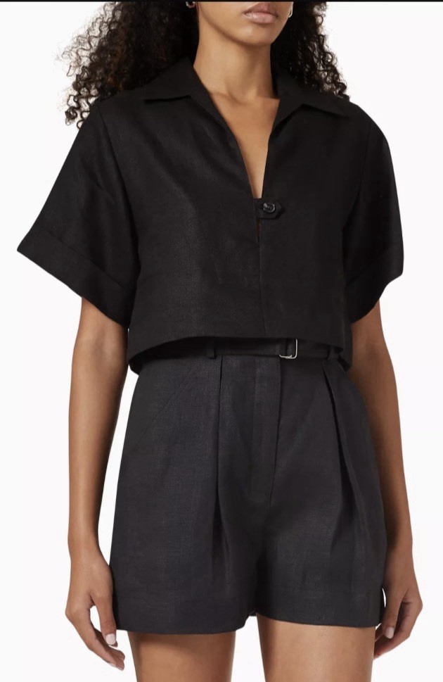 MATTHEW BRUCH Popover Crop Shirt in Linen BLACK SIZE 1/XS/US 2 $345