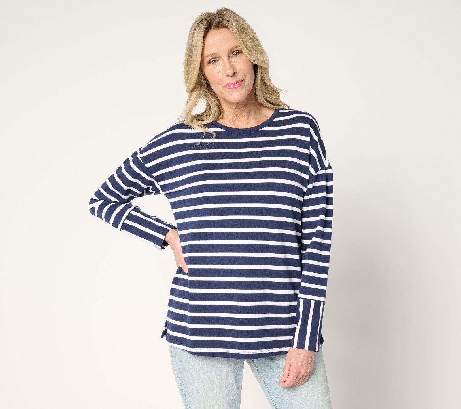 Gloria Vanderbilt Women’s Top Sz L Denim & Co. Active French Terry Blue A681734