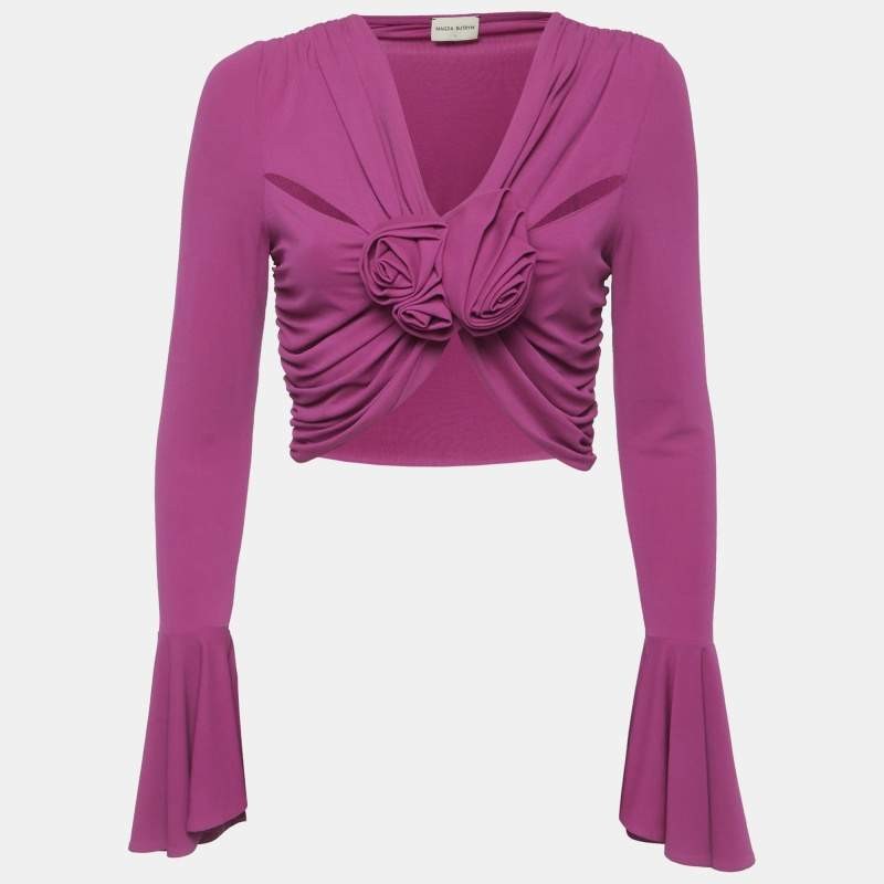 Magda Butrym Purple Flower Applique Draped Jersey Crop Top M