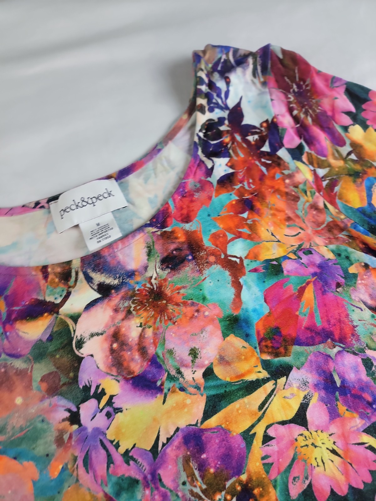 Peck&Peck M Artistic Watercolor Floral Tunic – Vibrant Jewel-Tone Stretch Top
