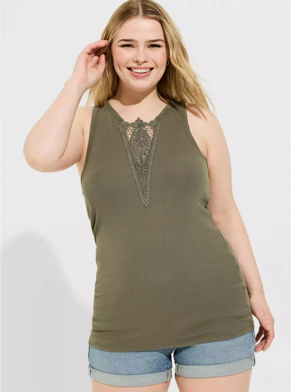 Torrid 2X Cotton Modal Rib Notch Neck Crochet Inset Tank Deep Depths Olive NWT