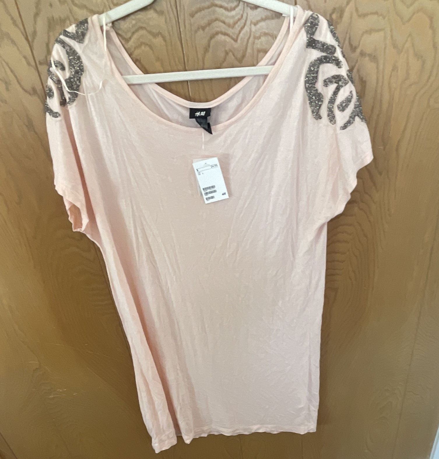 H&M Women’s Pink Beaded Crew Neck Cap Sleeve Jersey Cotton Top Size L