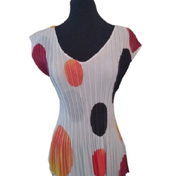 Milano Large Polka Dot Pleat Texture Career Blouse, White Multicolor, Size Large