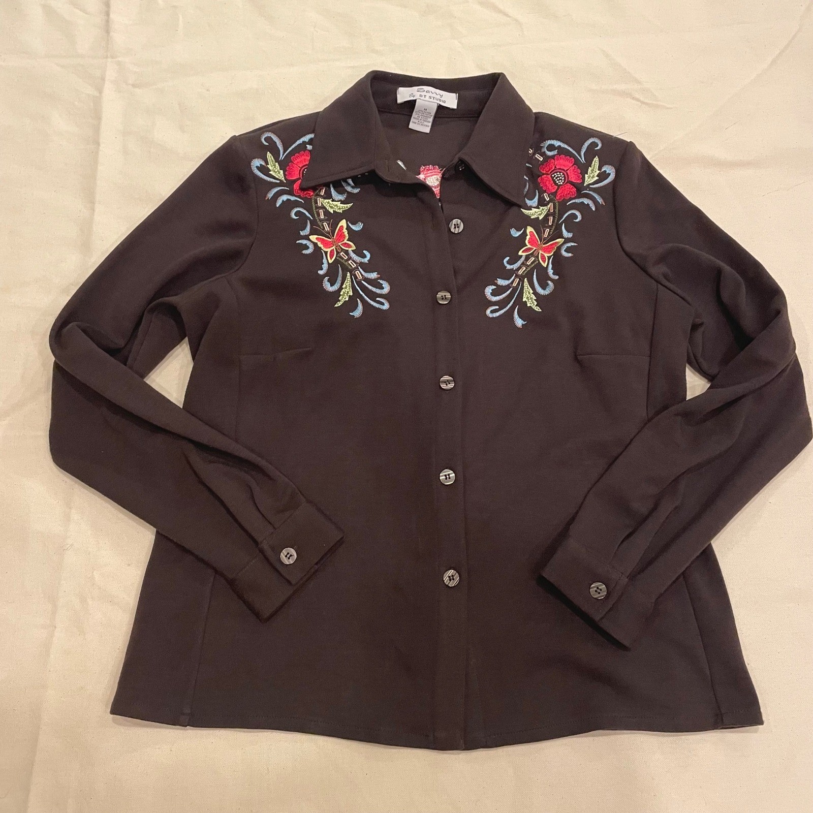 VTG Savvy by DT Studio Brown Embroidered Butterfly Flower Button Shirt Womens M