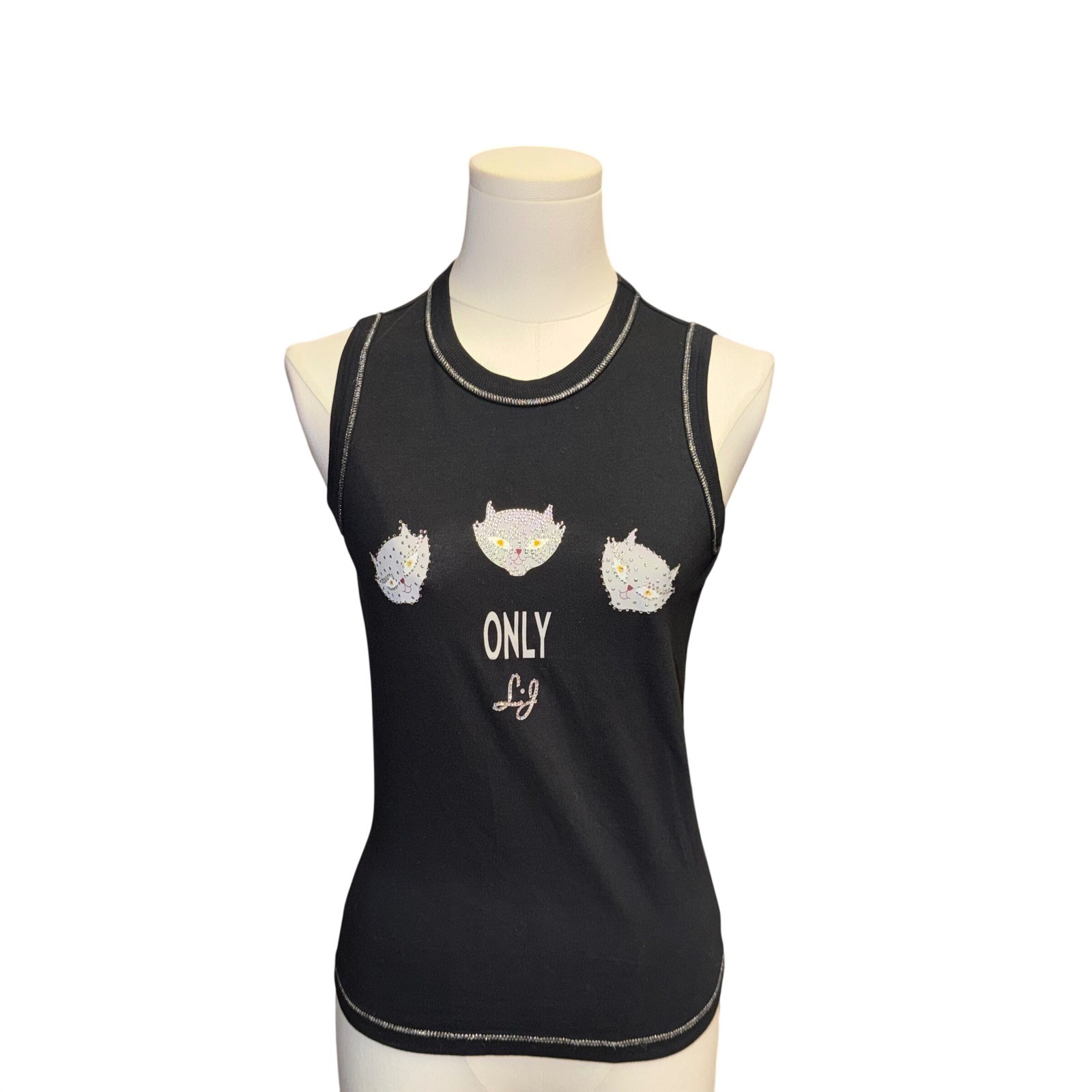 Liu Jo Jeans Cat Graphic Tank Top Womens Small Black Good Rhinestone Y2K Slim