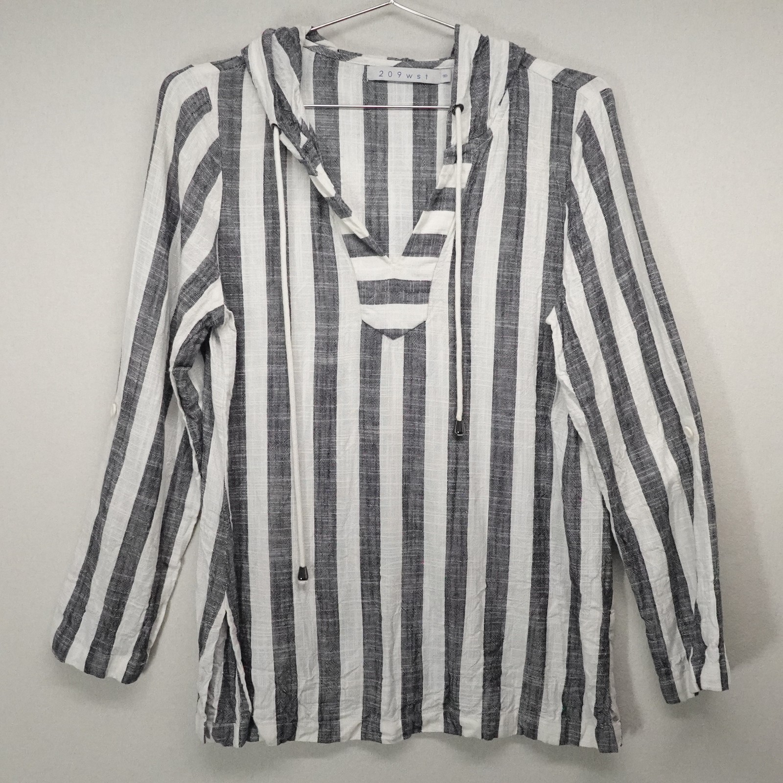 Linen Hoodie Womens 8 White Gray Stripe Hooded Linen Cotton Beach Nautical