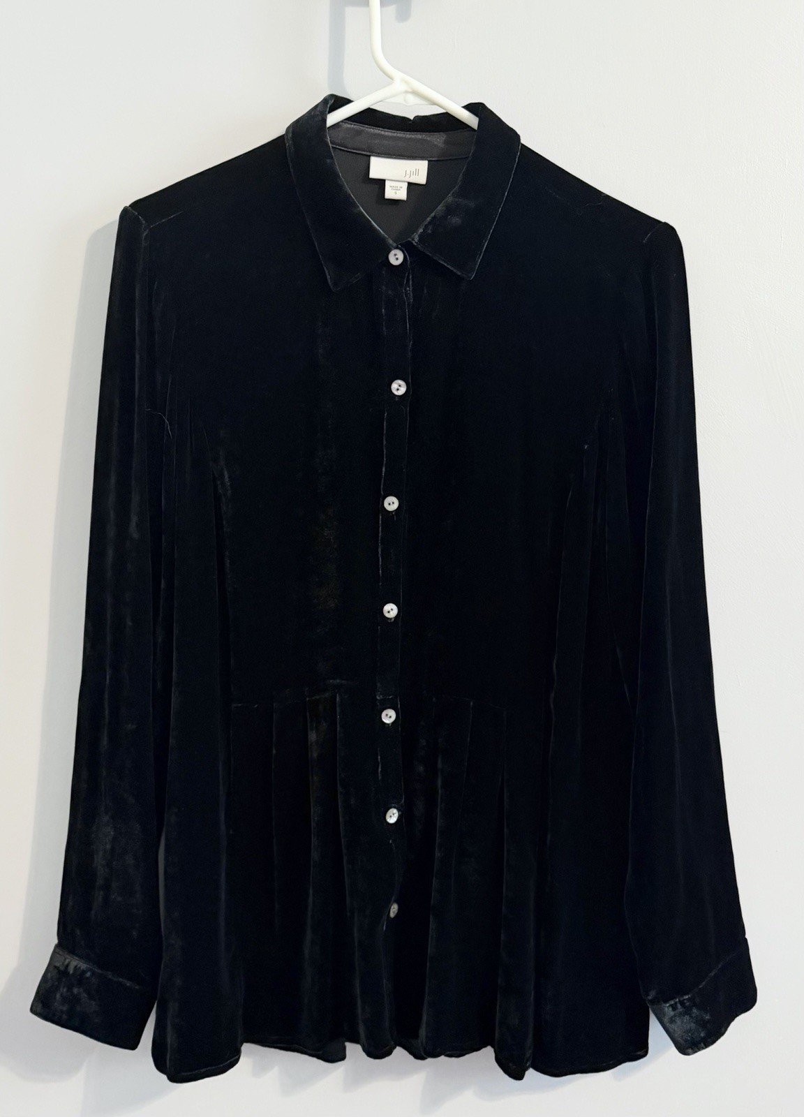 J JILL Silk Blend Velvet Tunic Top Sz S Black Button Up Pleated Long Sleeve